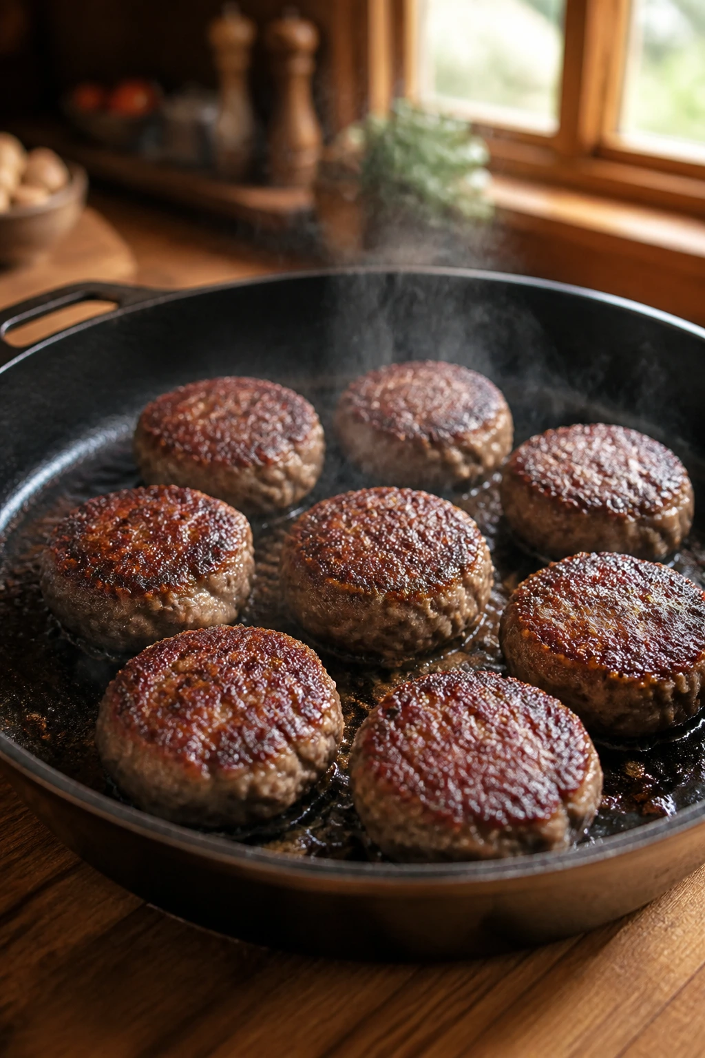 Close-up of eight mini burgers browning in a cast-iron skillet