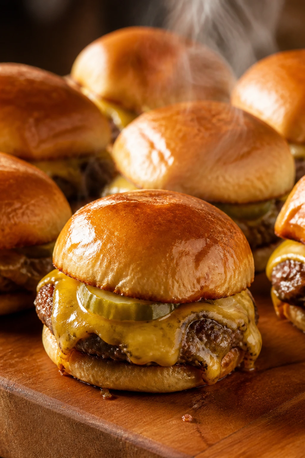 Close-up of juicy mini burgers on a wooden board with melted cheese