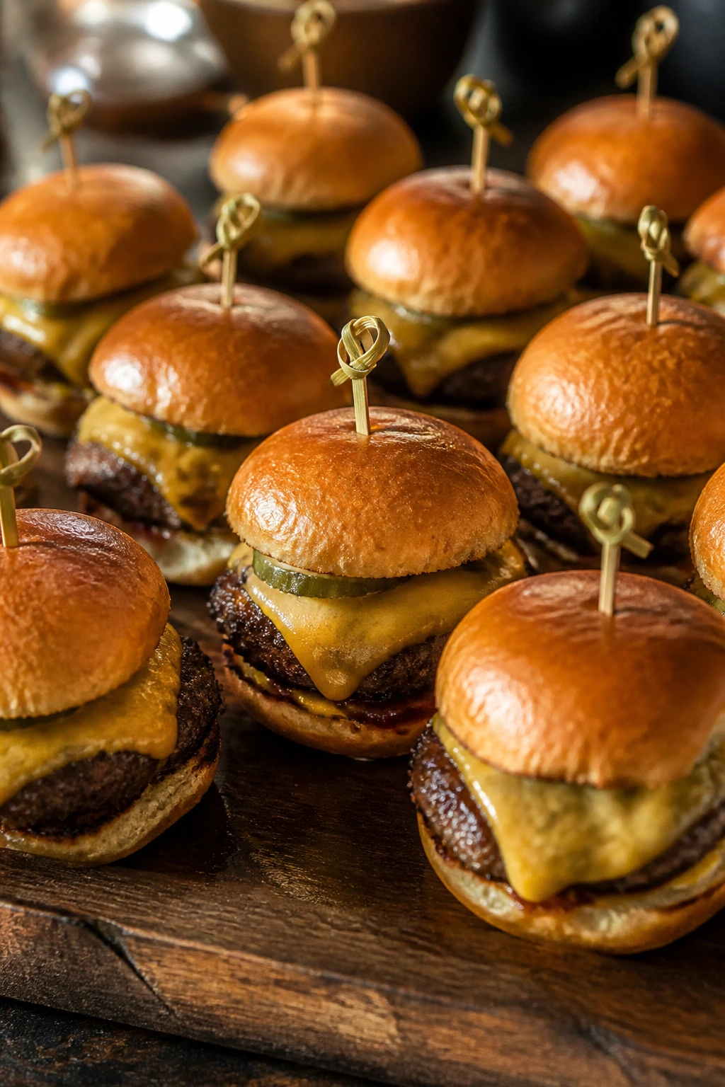 Close-up of mini beef sliders on a tray with melted cheese and crusty edges.
