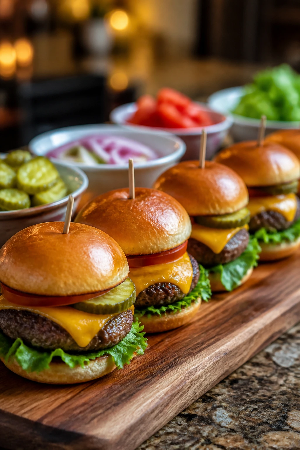 Close-up of mini burgers on a wooden board with toppings