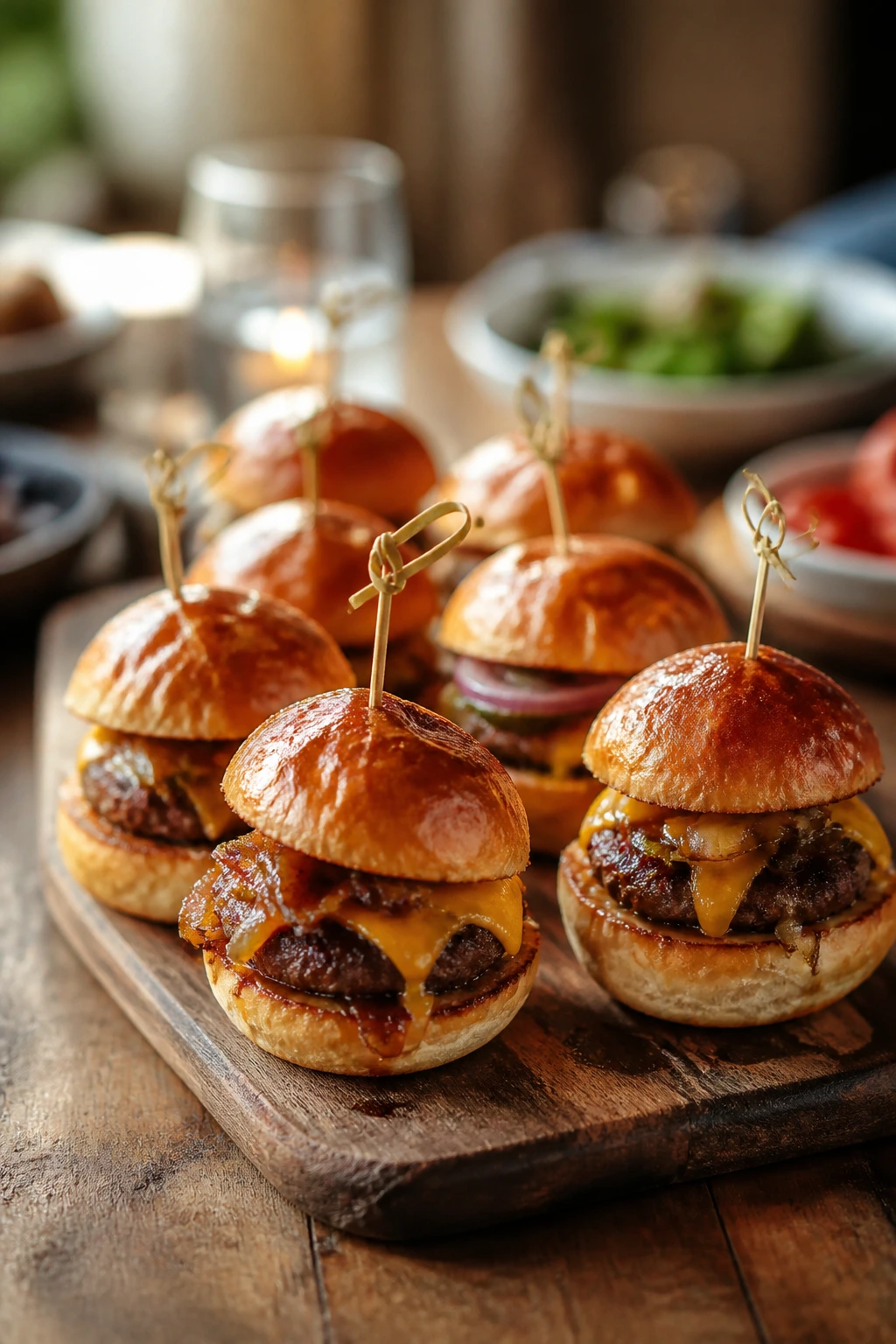 Close-up of eight glossy mini burgers on a wooden board, warm Sunday table lighting