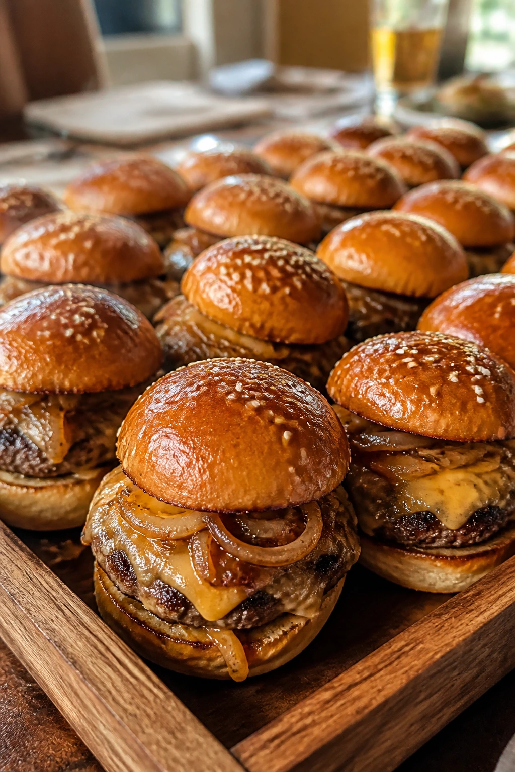 Close-up of a tray with glossy mini beef burgers on a rustic table, warm Sunday supper mood