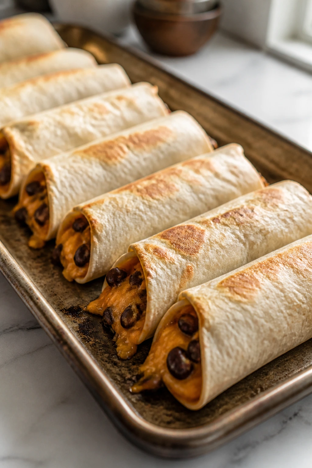 Row of mini bean and cheese burritos on baking sheet