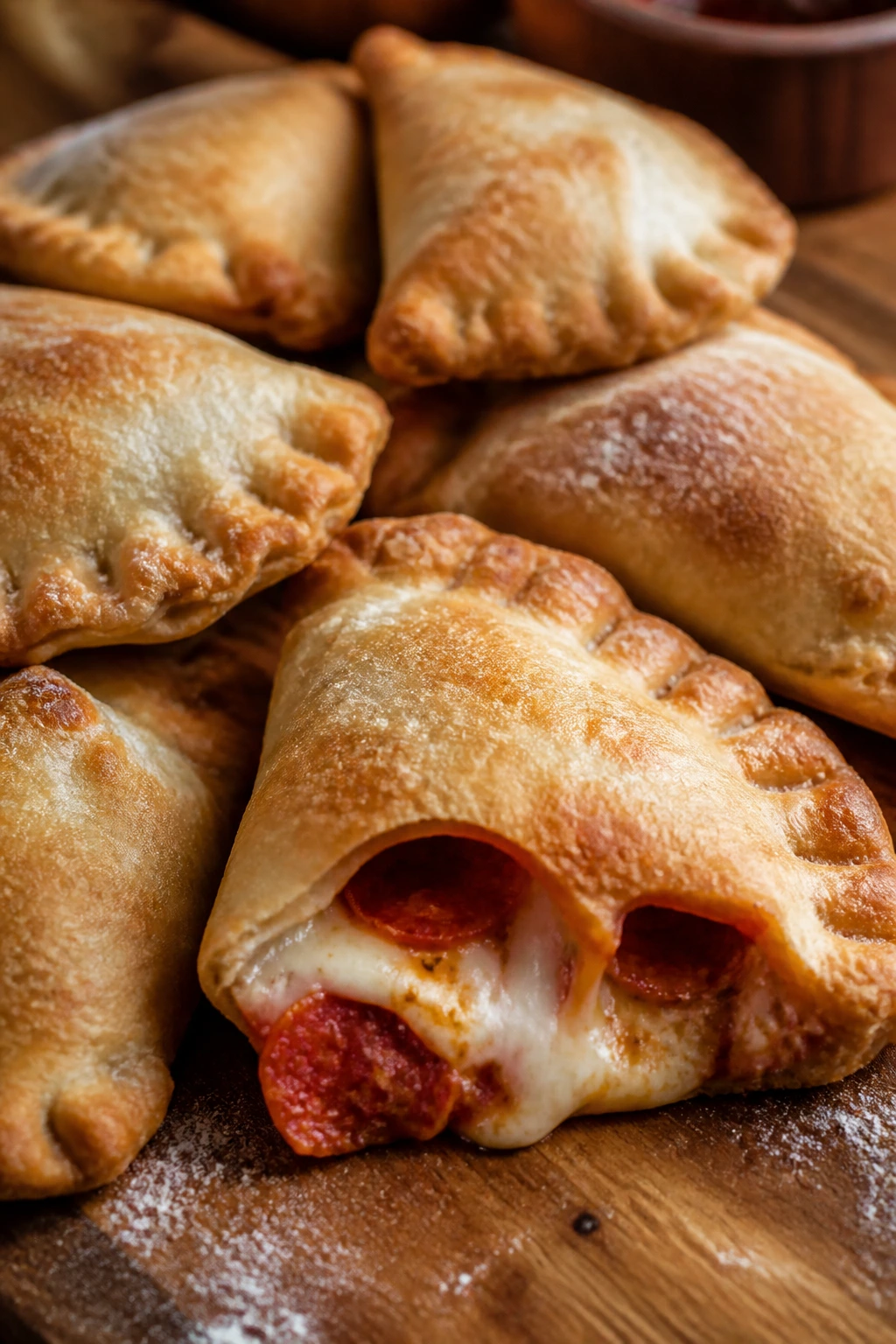 Mini calzones on a wooden board in a warm kitchen