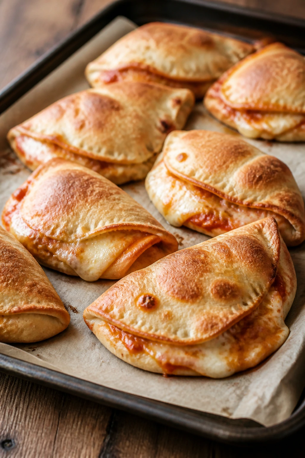 Goldened mini calzones on parchment on a wooden table