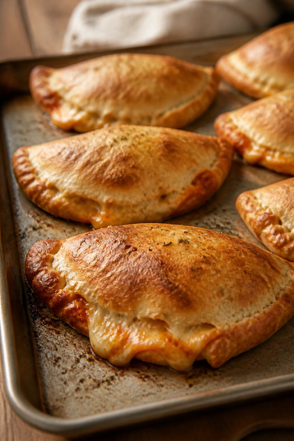 Small golden calzones on a baking sheet