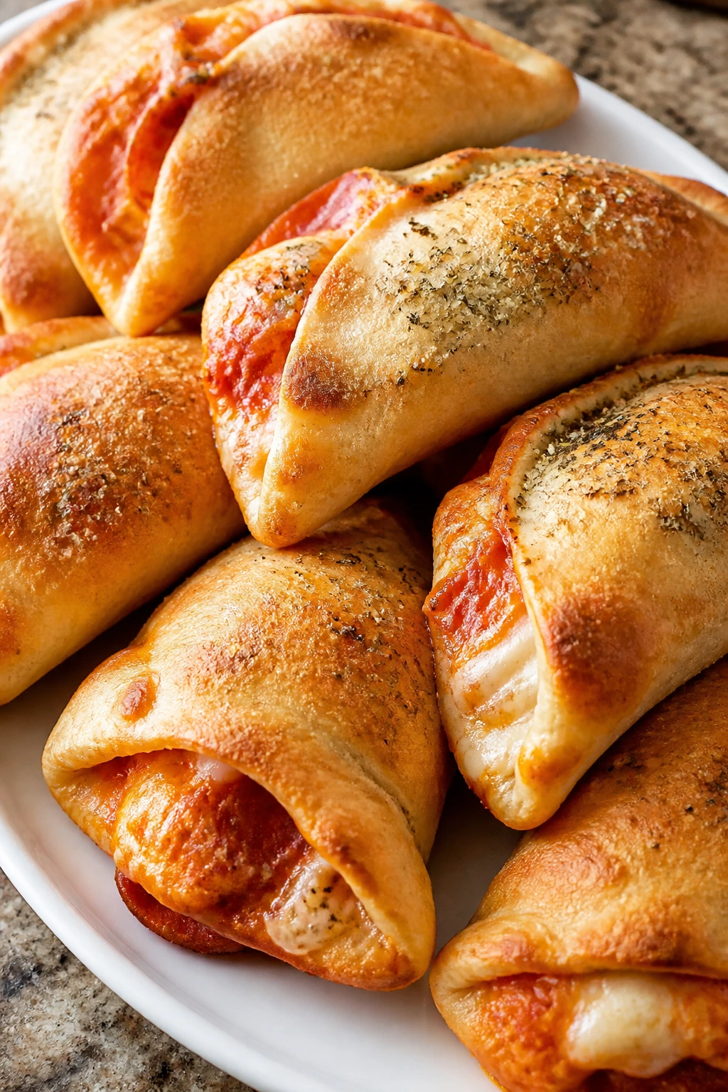 Close-up of golden mini calzones on a plate with melted cheese