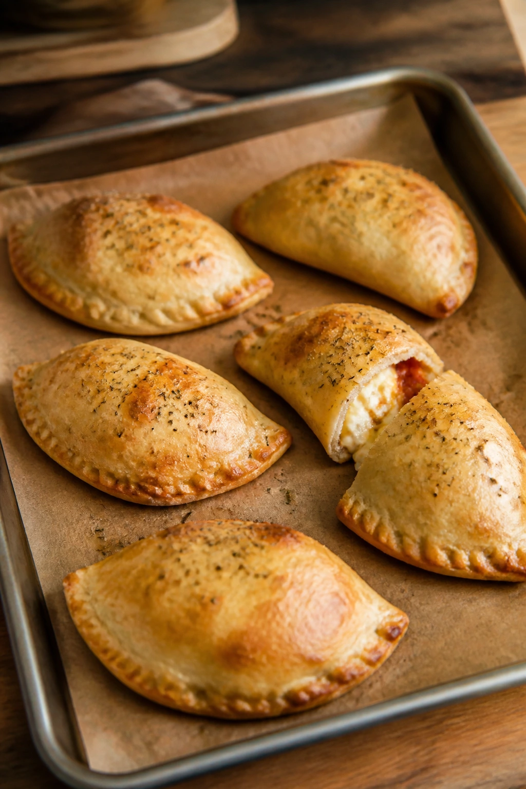 Close-up of six golden mini calzones on parchment with cheese filling in a warm kitchen