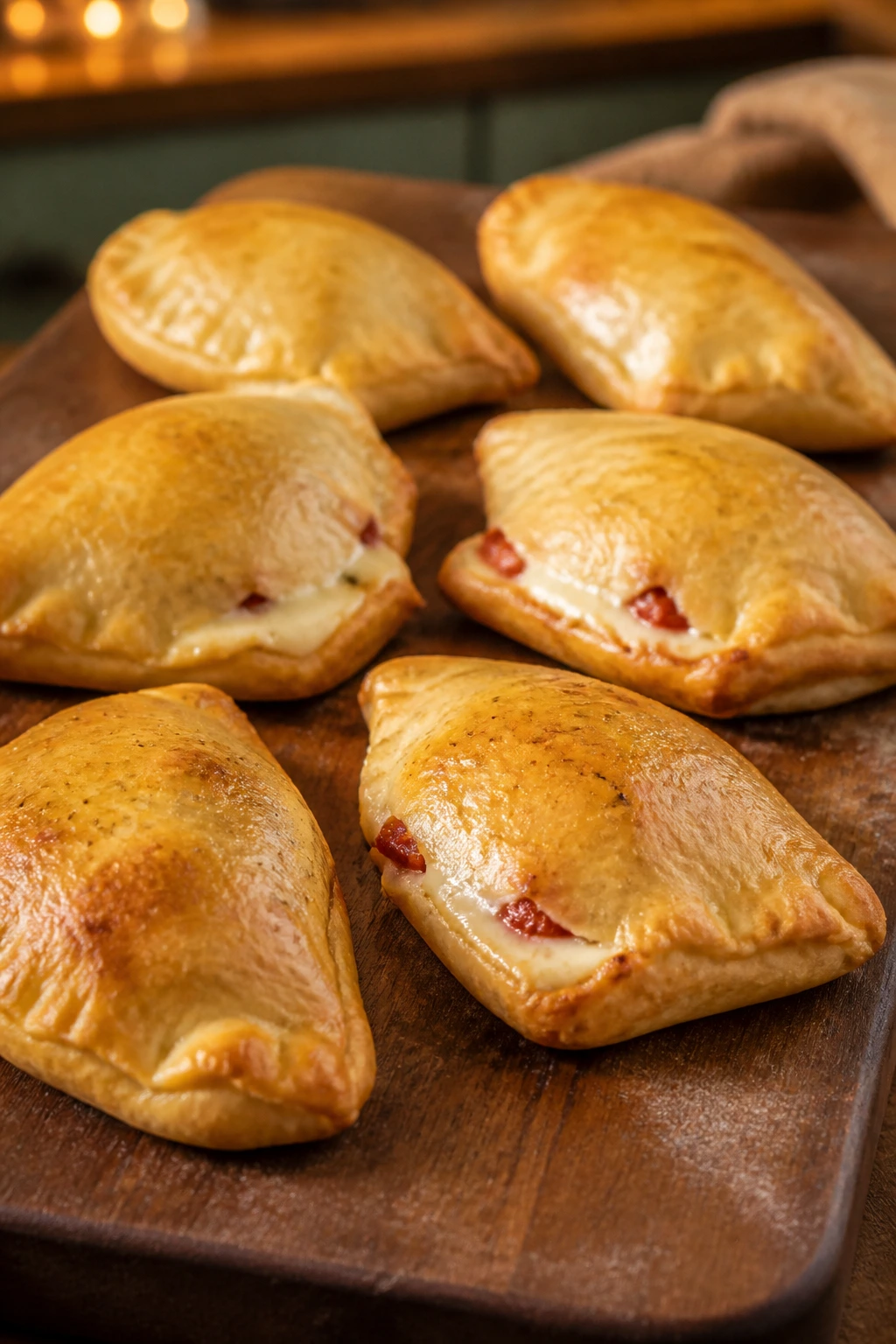 Close-up of mini calzones on wooden board in a warm kitchen