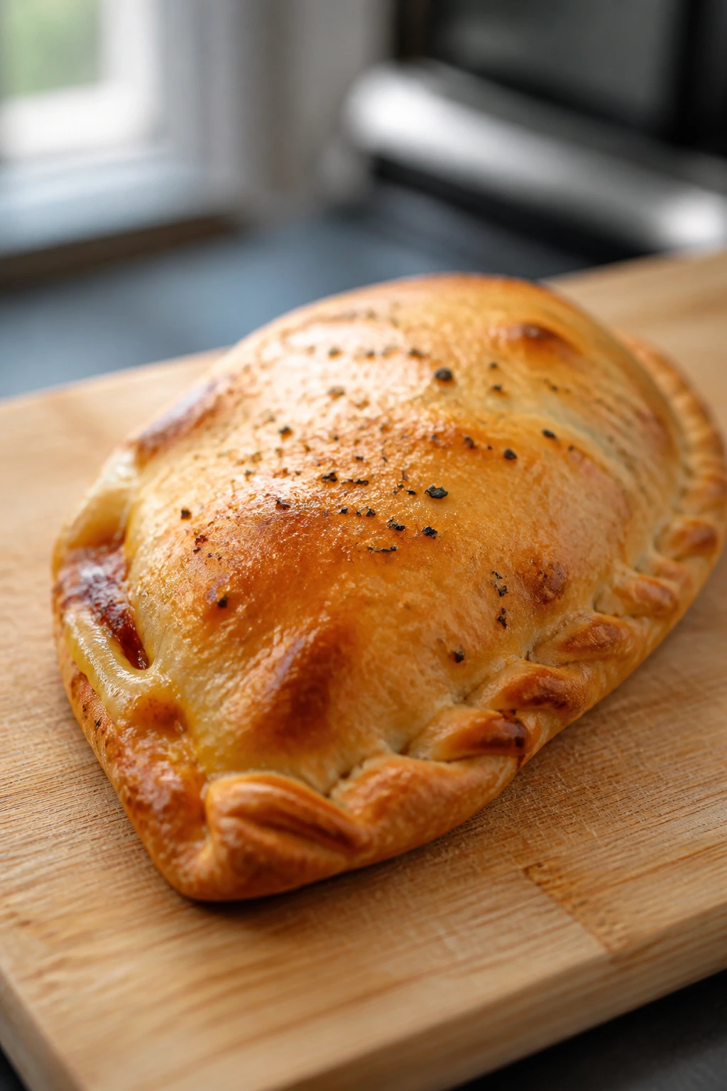 Close-up of a mini calzone on a wooden cutting board ready for lunchbox