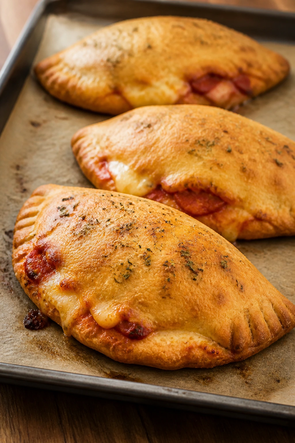 Three golden mini calzones on a baking sheet
