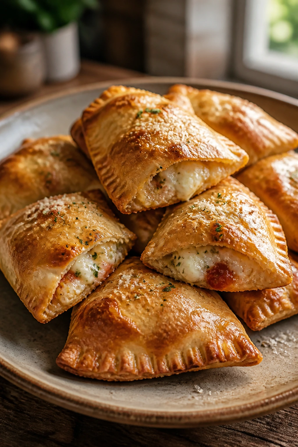 Plate of golden mini calzones with melted cheese on a rustic surface.