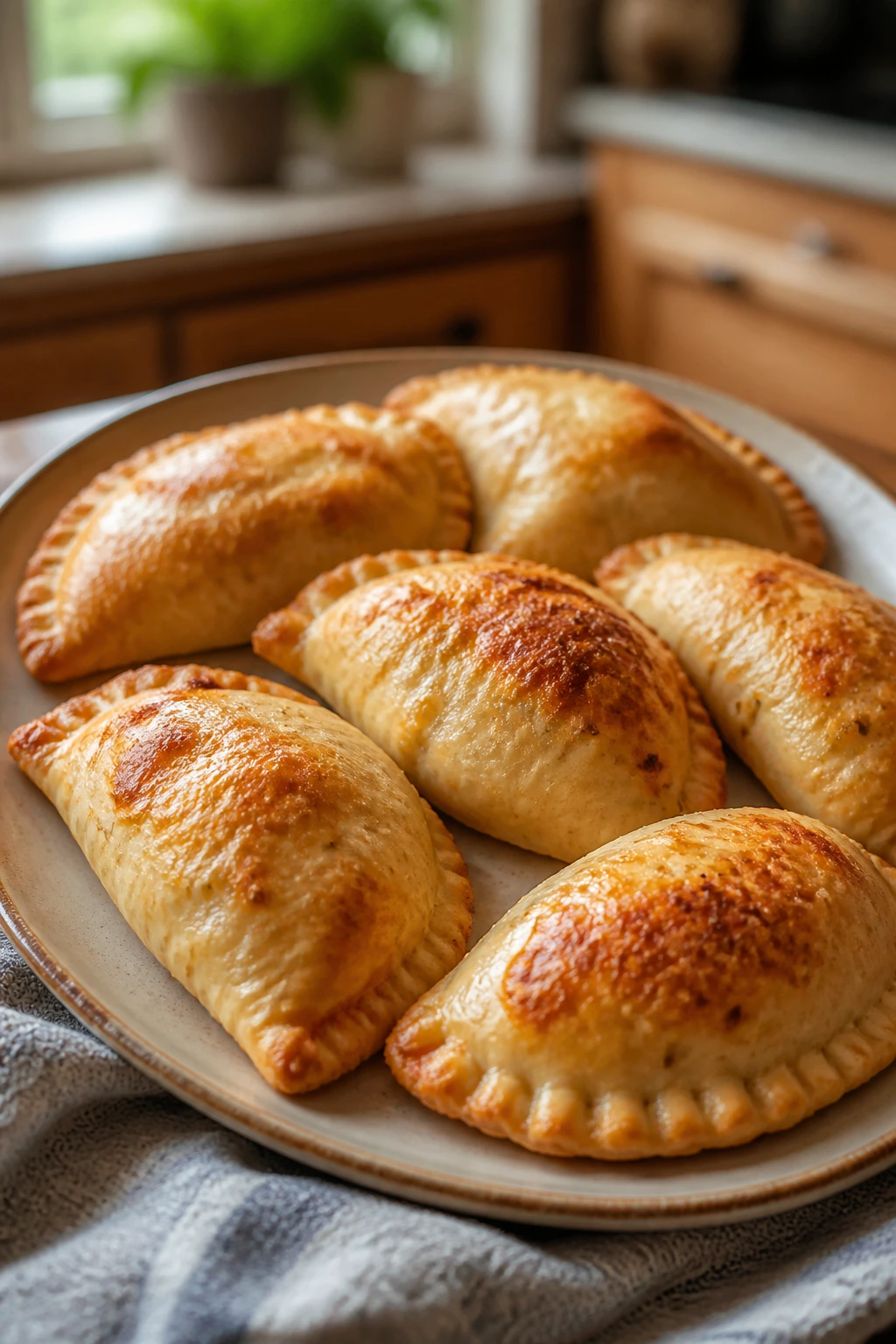Six small mini calzones on a plate in a cozy kitchen