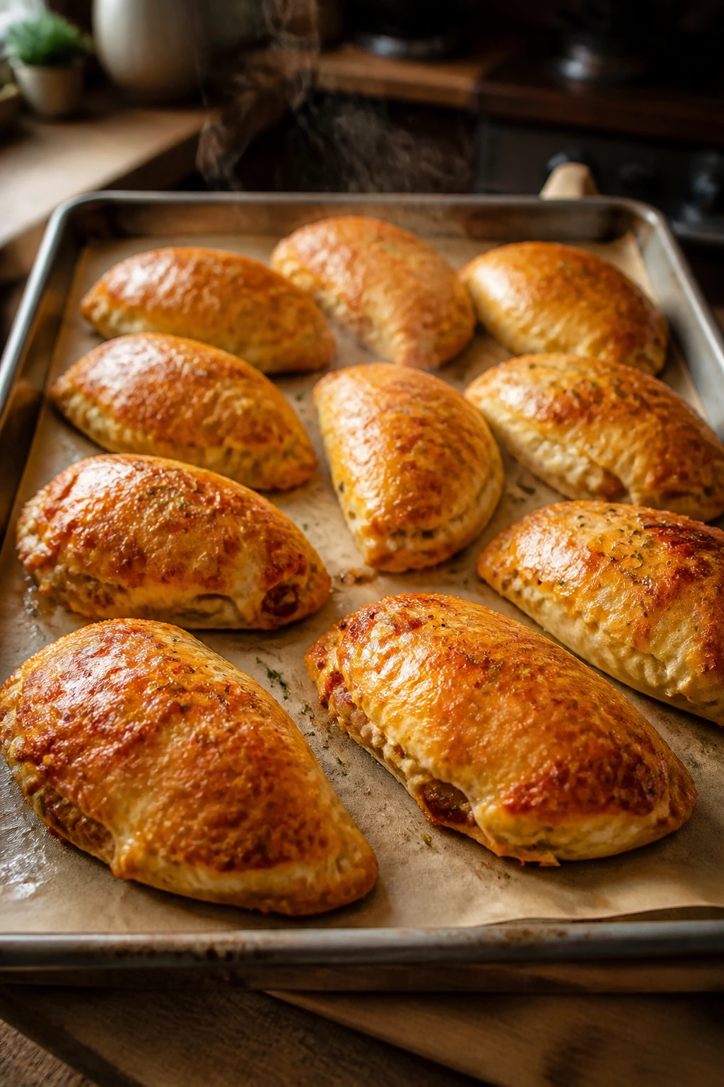 Golden mini calzones on parchment-lined sheet pan