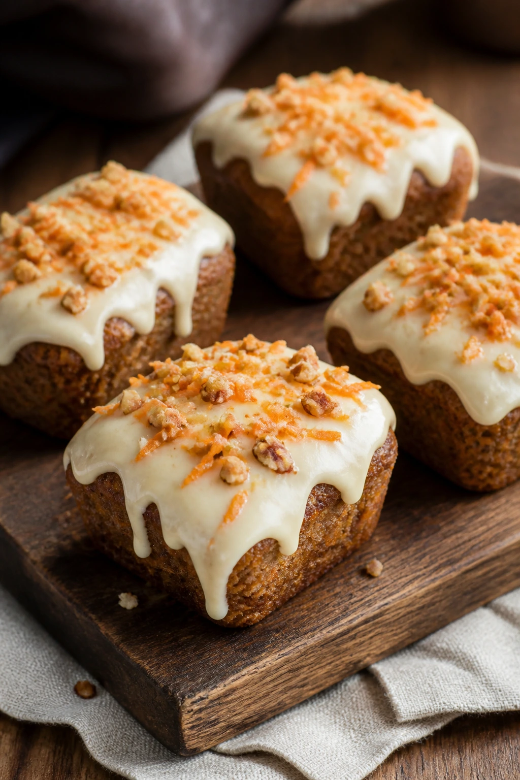 Close-up of mini carrot cake loaves with cream cheese glaze on a rustic board