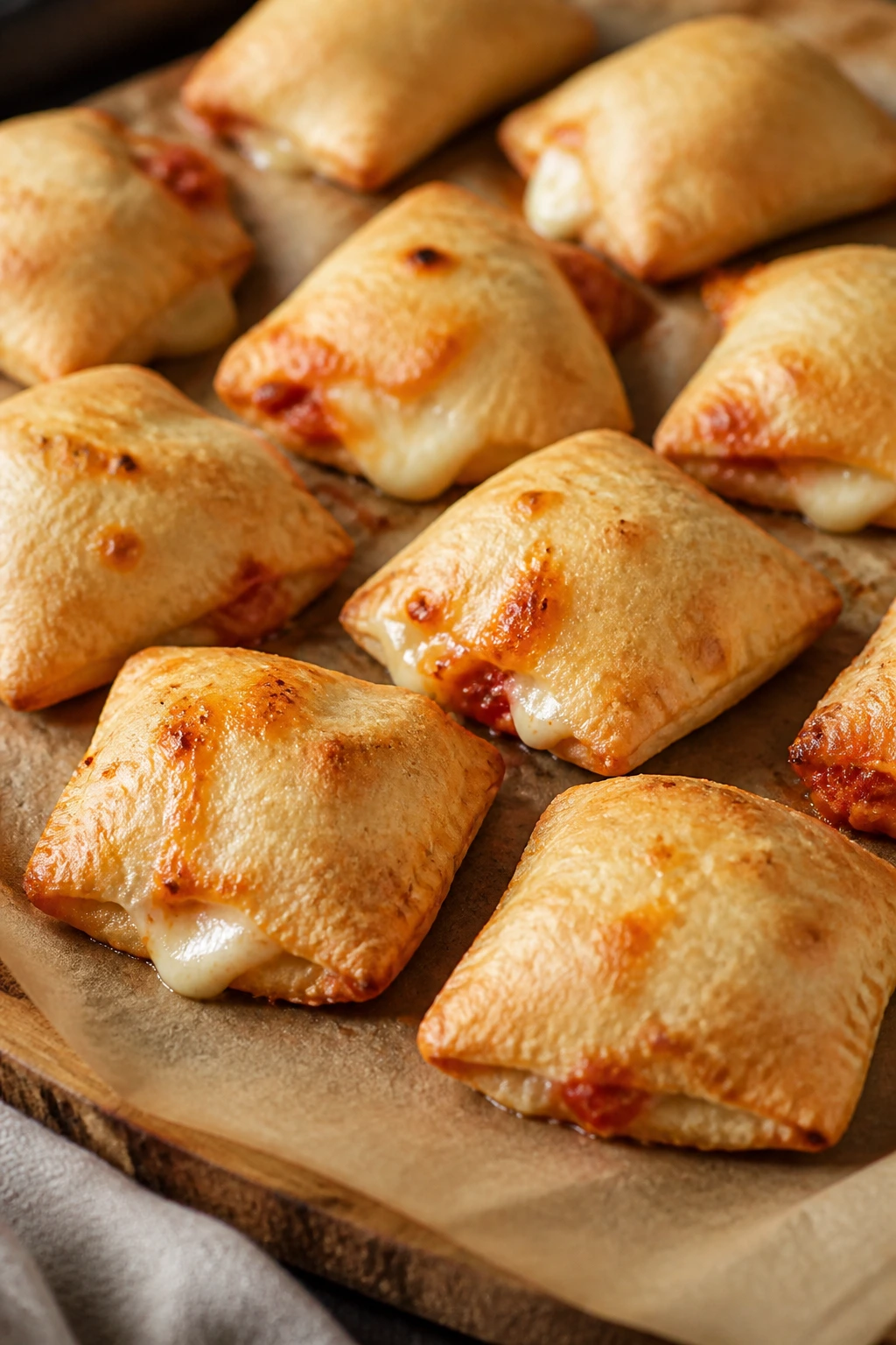 Close-up of golden mini cheese pizza pockets with melted cheese