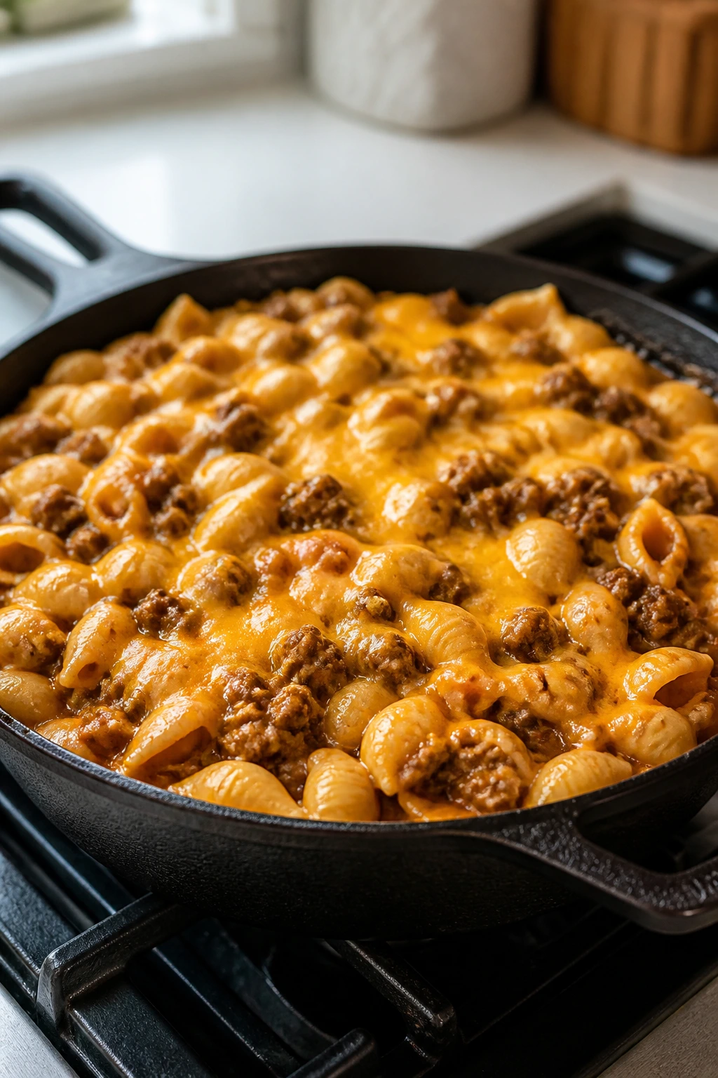 Close-up of mini cheeseburger pasta skillet in a home kitchen