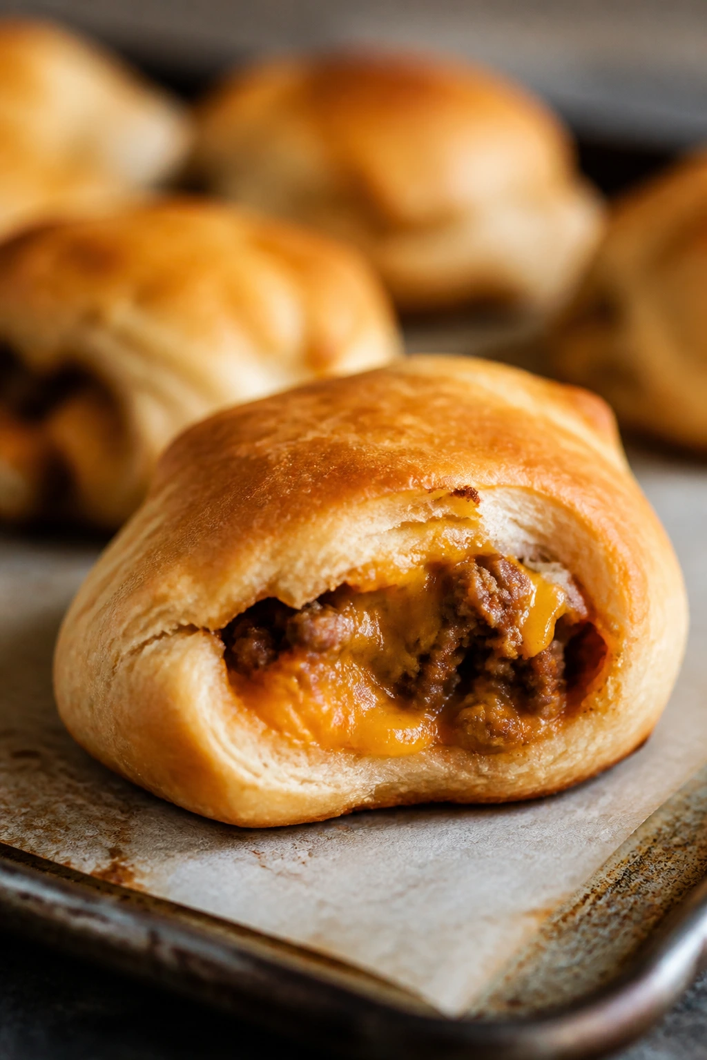 Close-up of a single mini cheeseburger biscuit pocket showing beef filling and cheddar