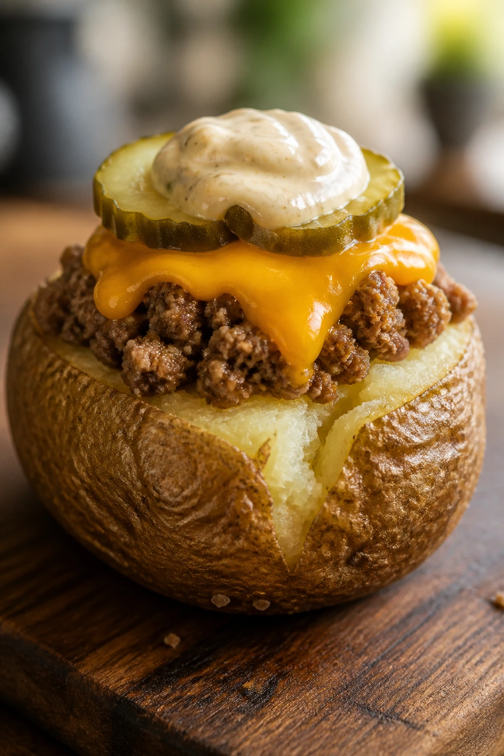 Close-up of a baked potato topped with cheeseburger toppings on a wooden board