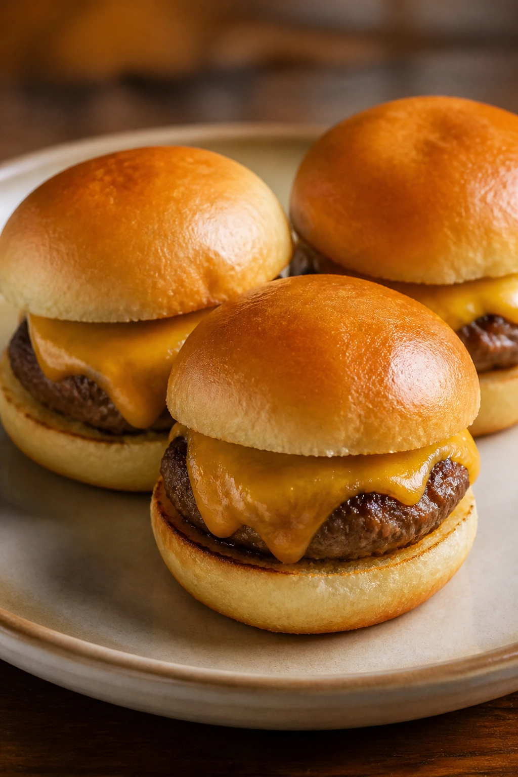 Three mini cheeseburger sliders on a plate