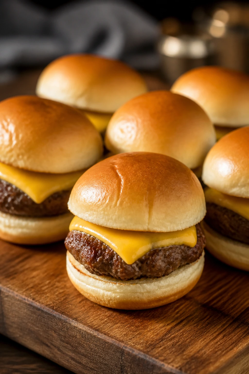 Close-up of mini cheeseburger sliders on a wooden board