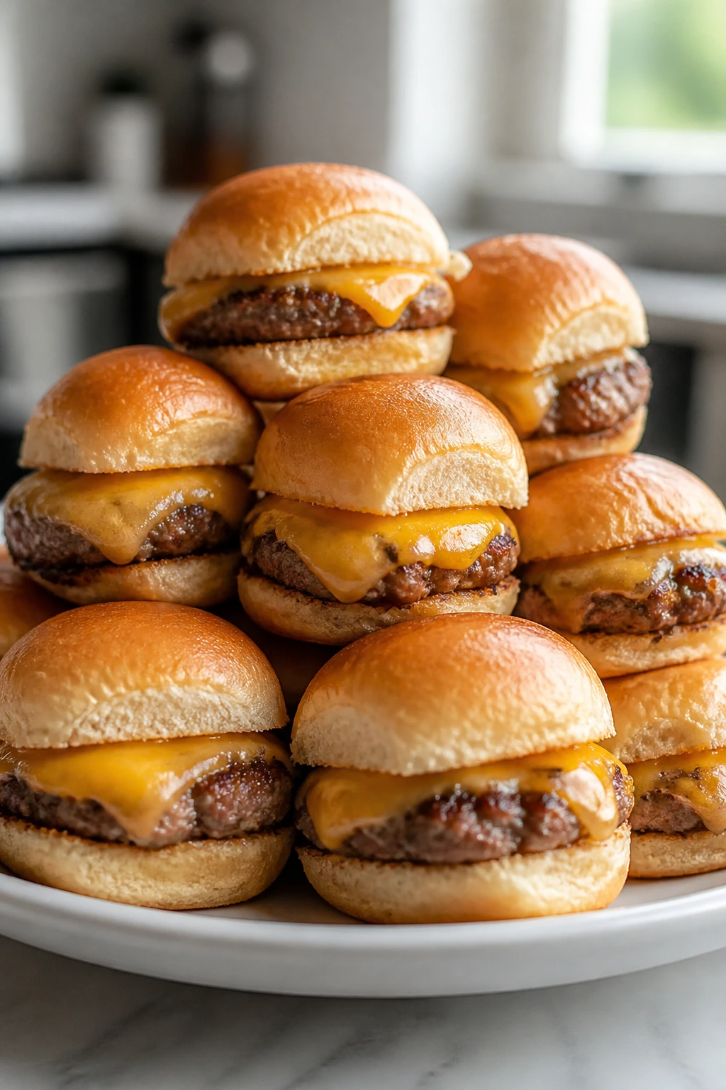 Mini cheeseburger sliders on a plate with melted cheese