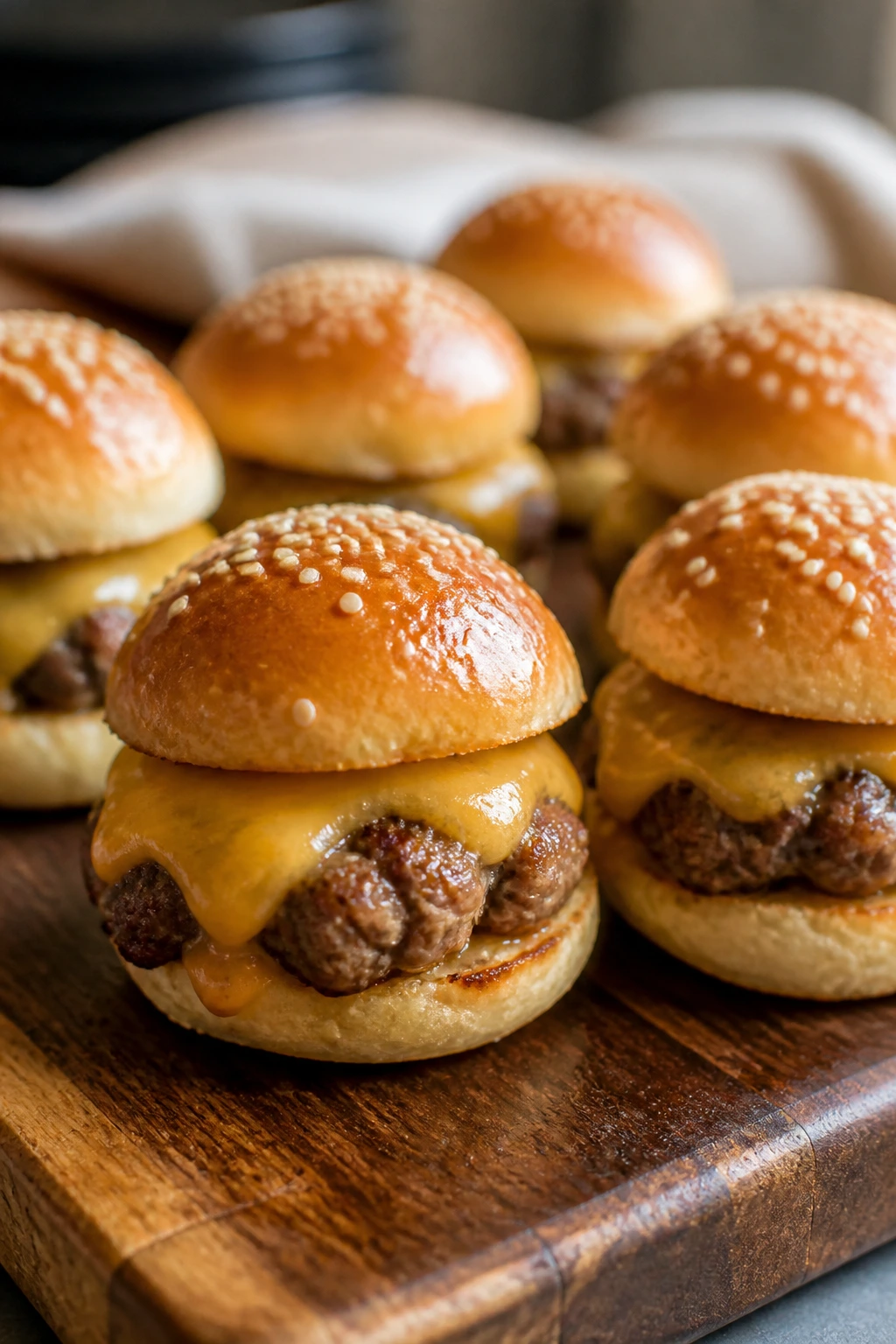 Close-up of mini cheeseburger sliders on a wooden board