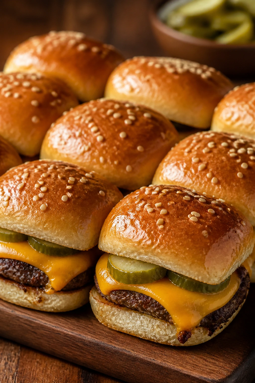 Close-up of mini cheeseburger sliders with melted cheese