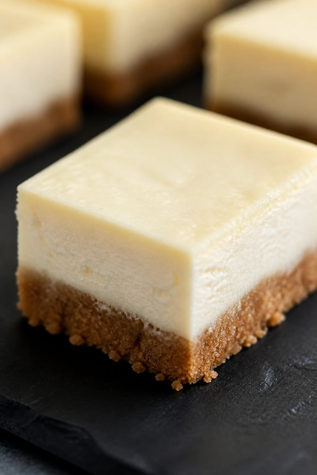 Close-up of a mini cheesecake bar on a dark slate plate