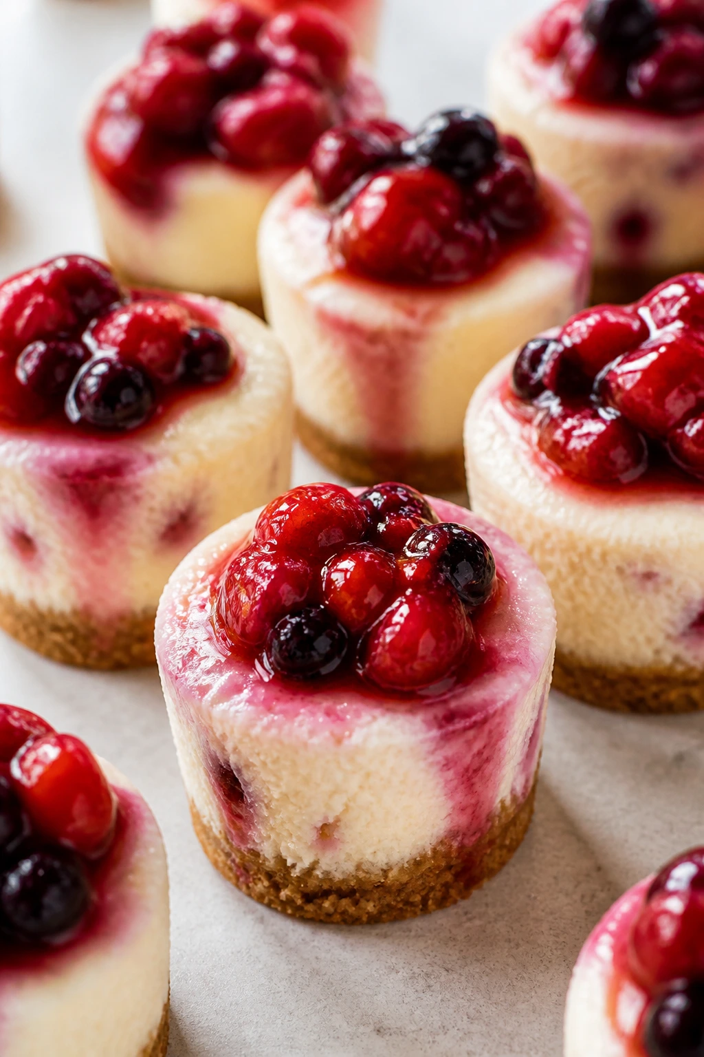 Close-up of mini cheesecake bites with berry topping