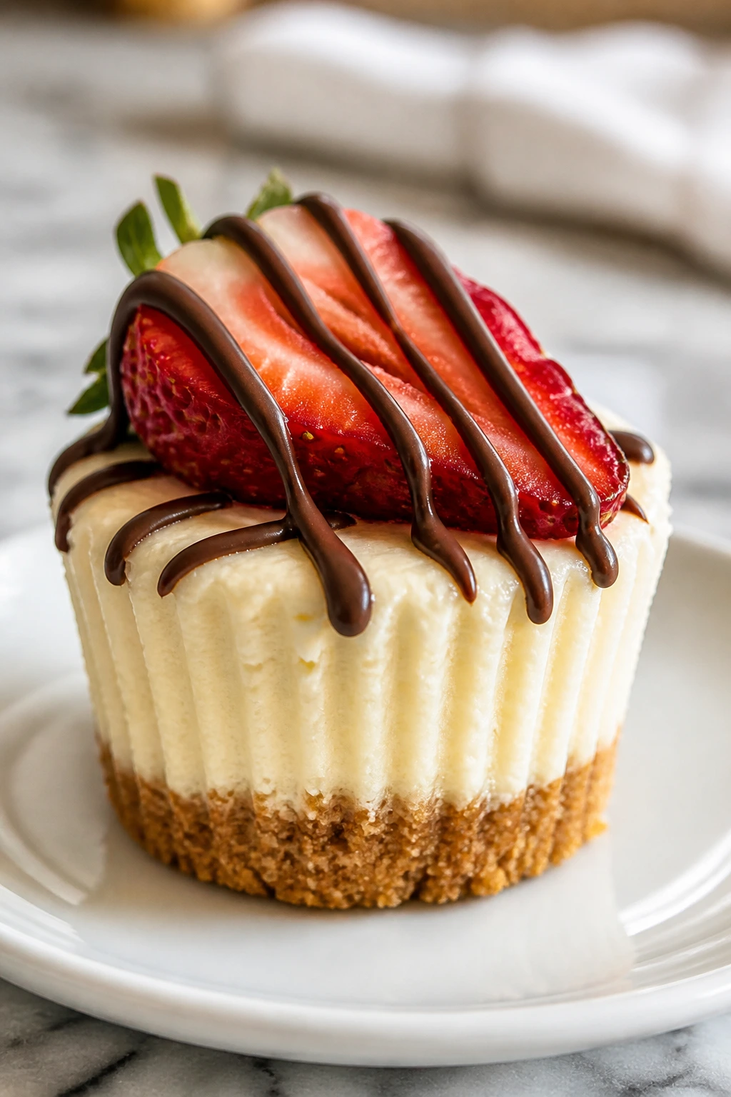 Close-up of a cheesecake cup with crust, filling, strawberry, and chocolate drizzle