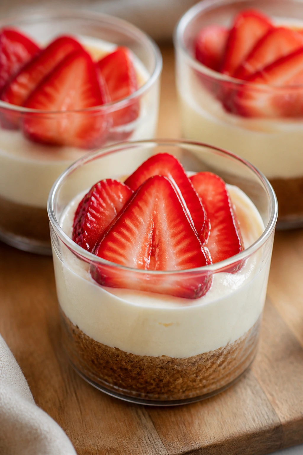 Three mini cheesecake cups topped with strawberry slices