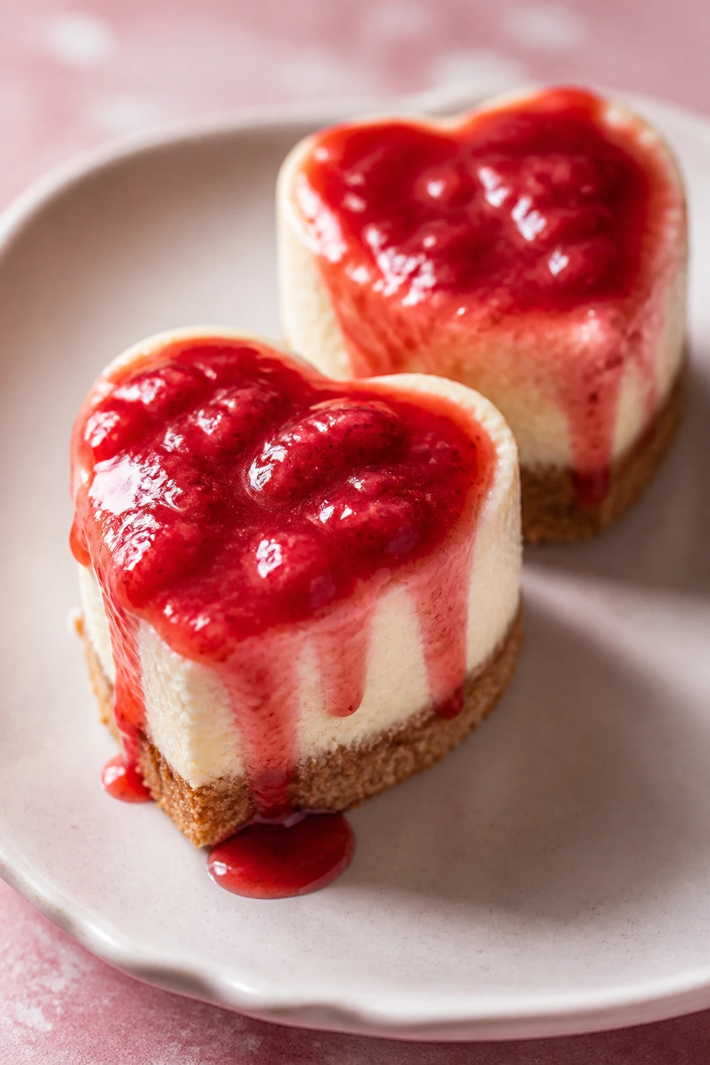 Close-up of mini cheesecake hearts with strawberry sauce on a pale plate