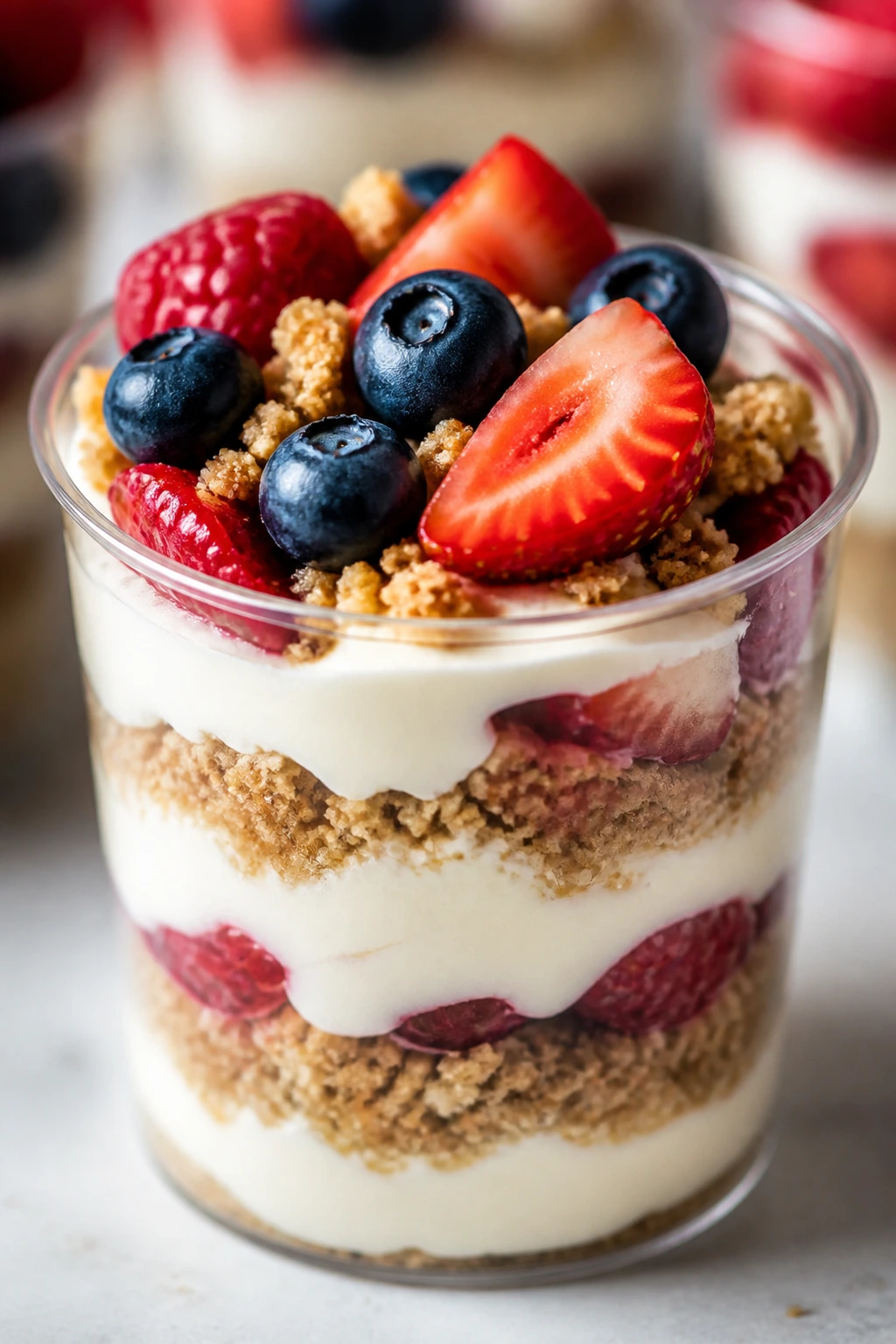 Close-up of mini cheesecake parfait in a clear cup