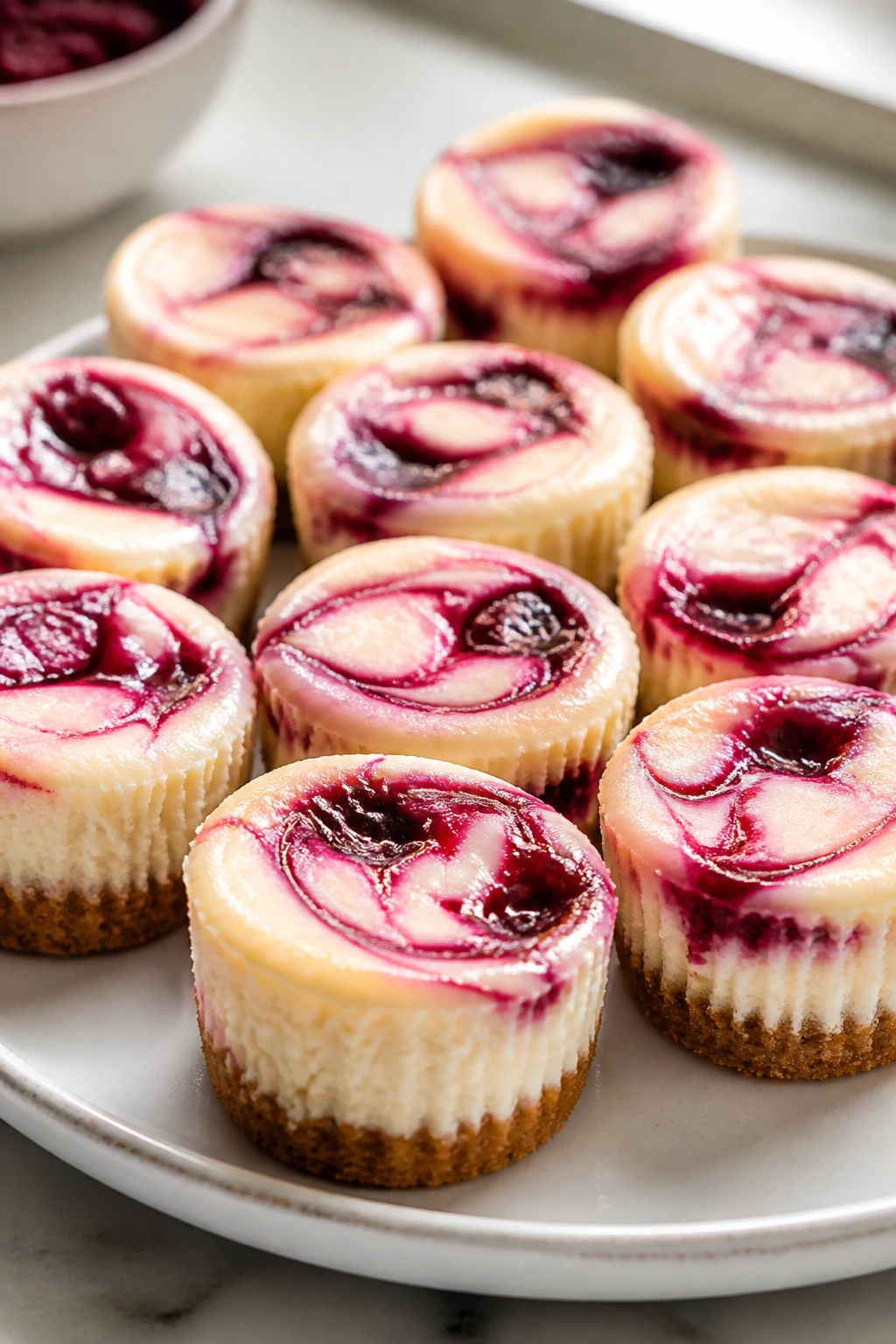 Mini cheesecake bites with berry swirl on a small plate