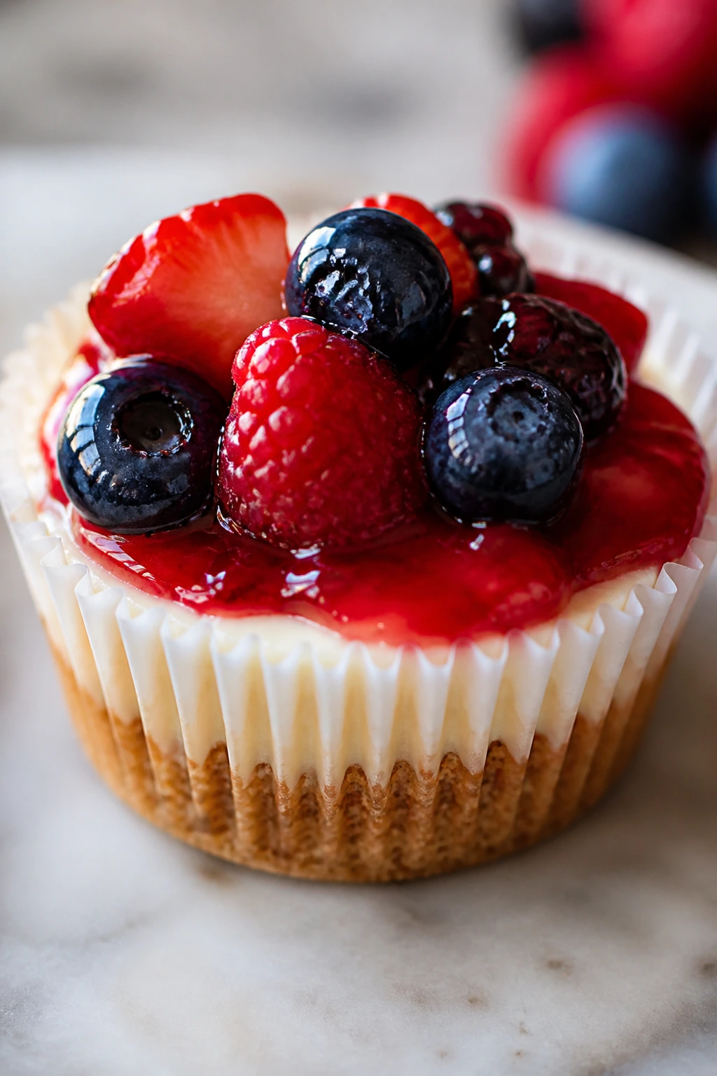 Close-up of a mini no-bake cheesecake with berry topping