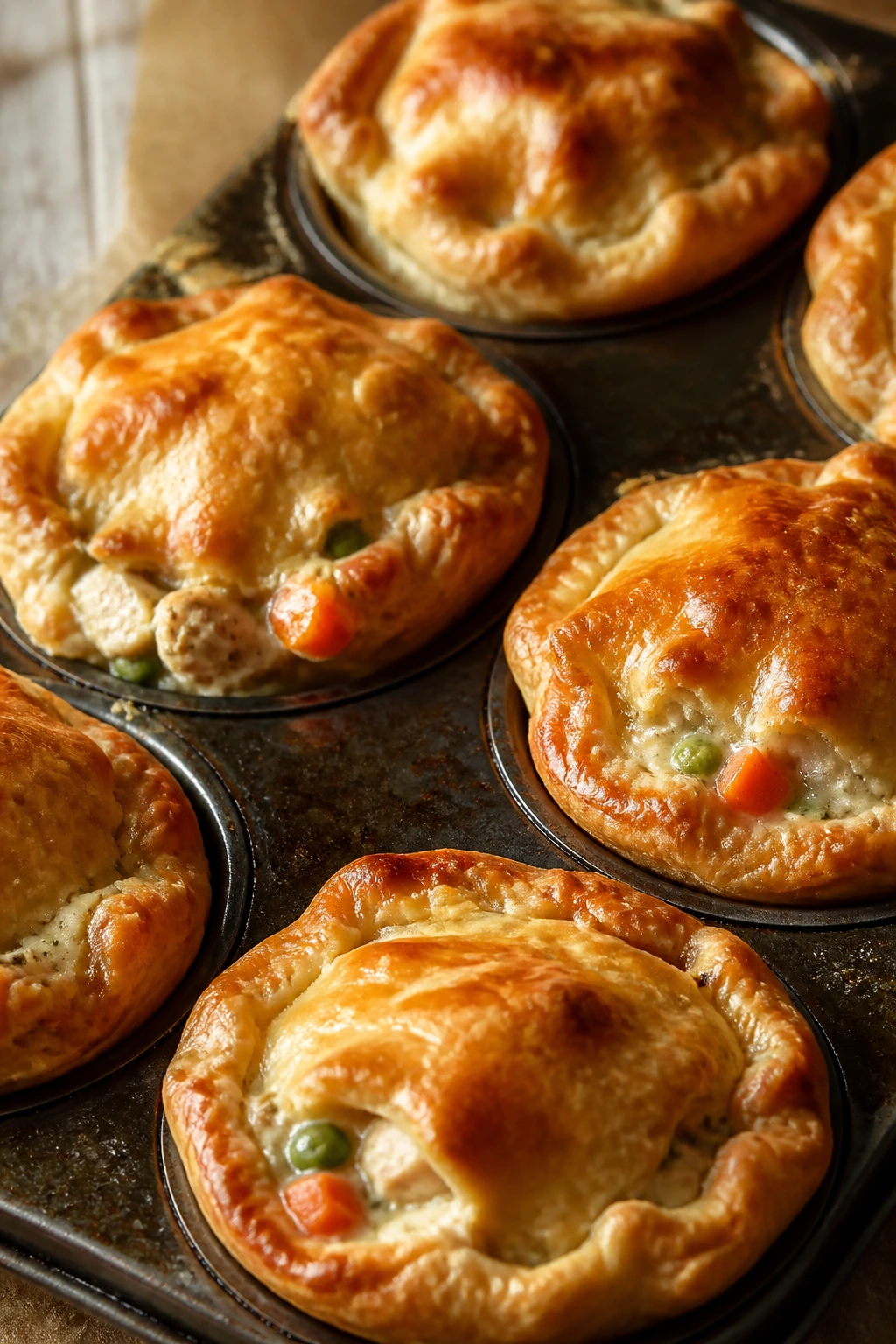 Close-up of golden mini chicken pot pies in a muffin tin on a warm kitchen counter