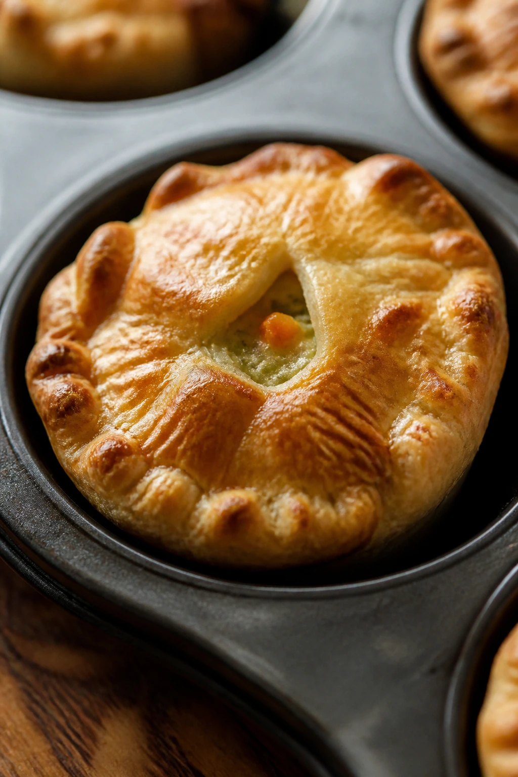 Close-up of a golden mini chicken pot pie in a muffin tin
