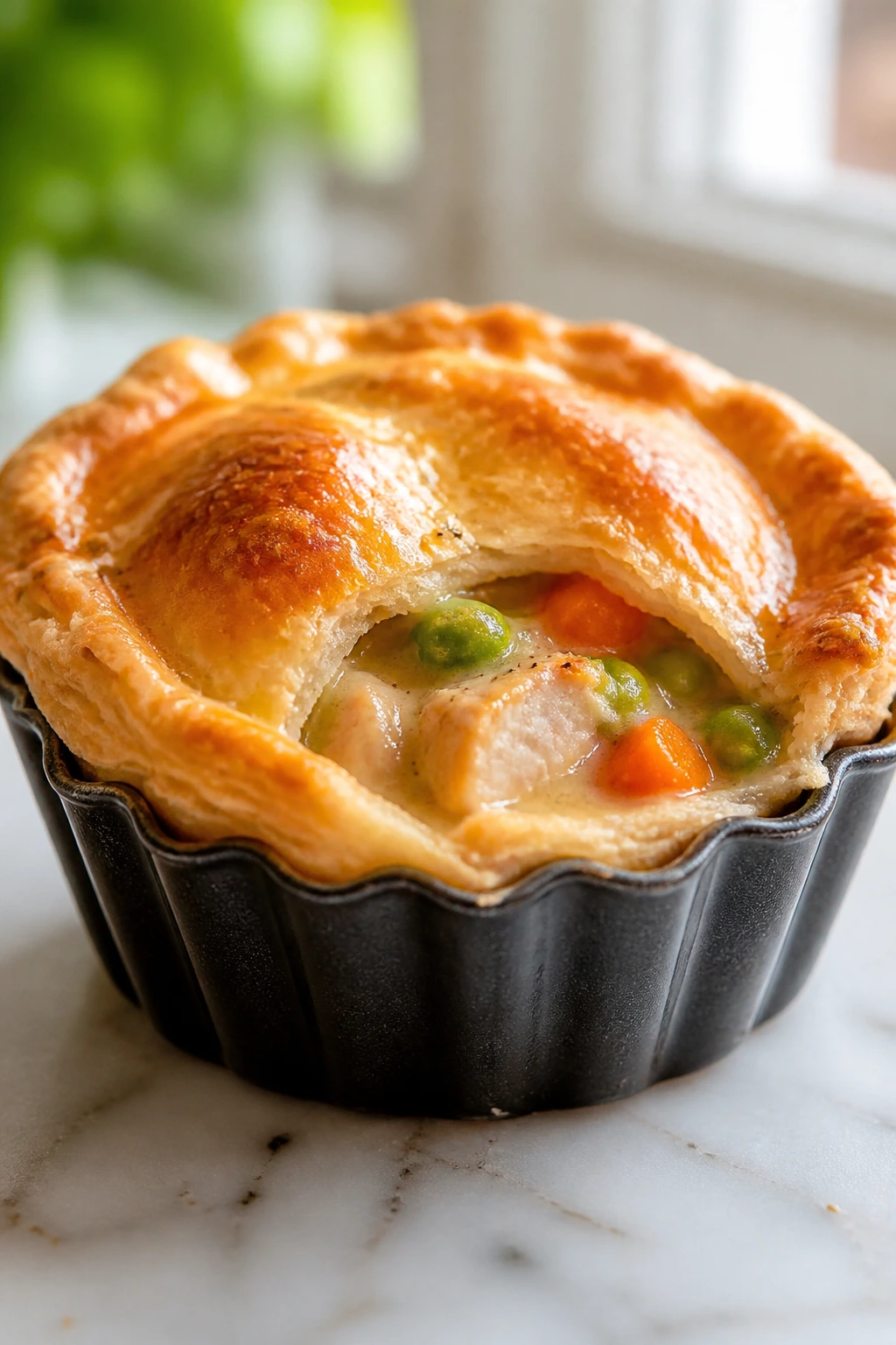 Close-up of a mini chicken pot pie in a muffin cup on a counter