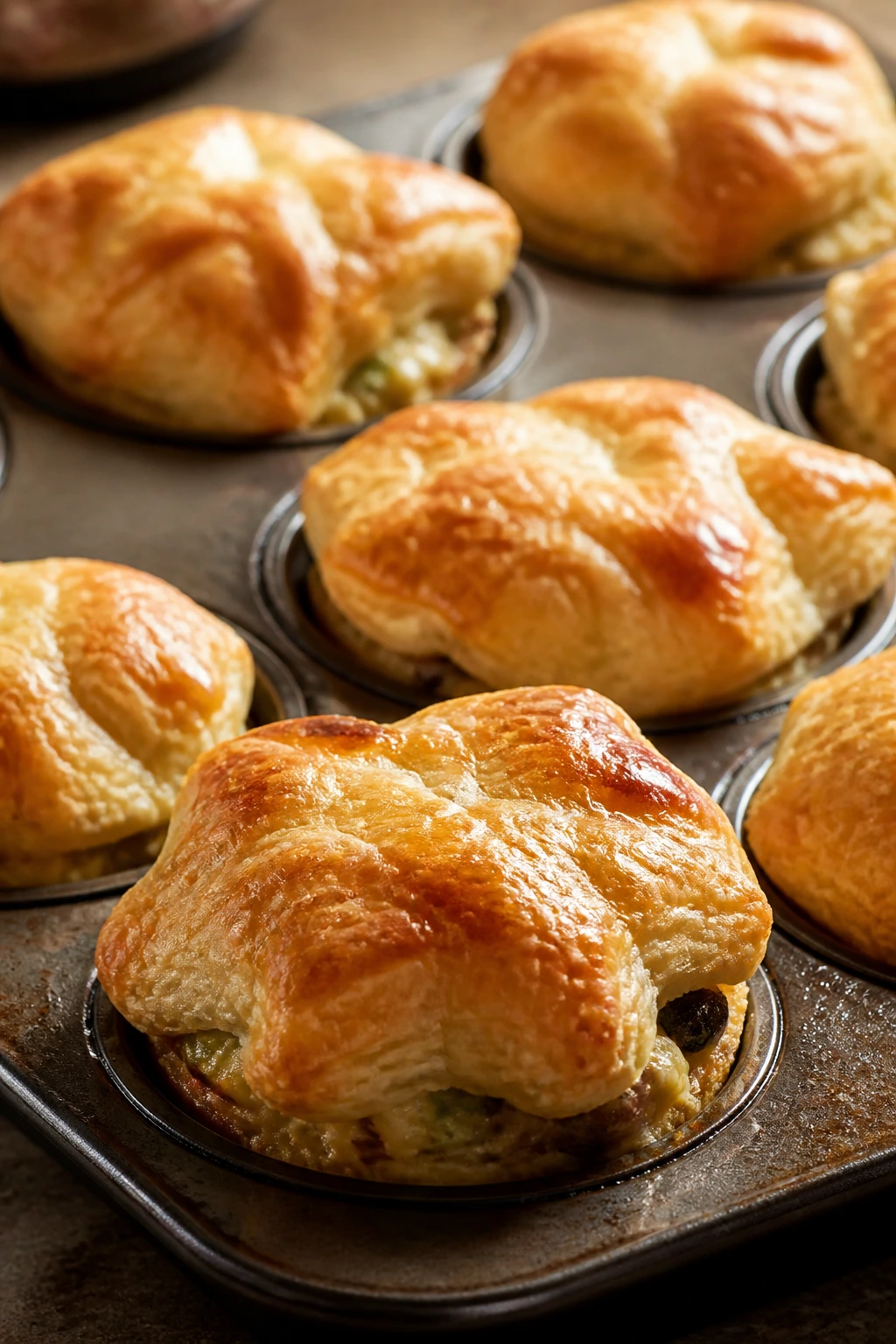 Golden mini chicken pot pies in muffin tin