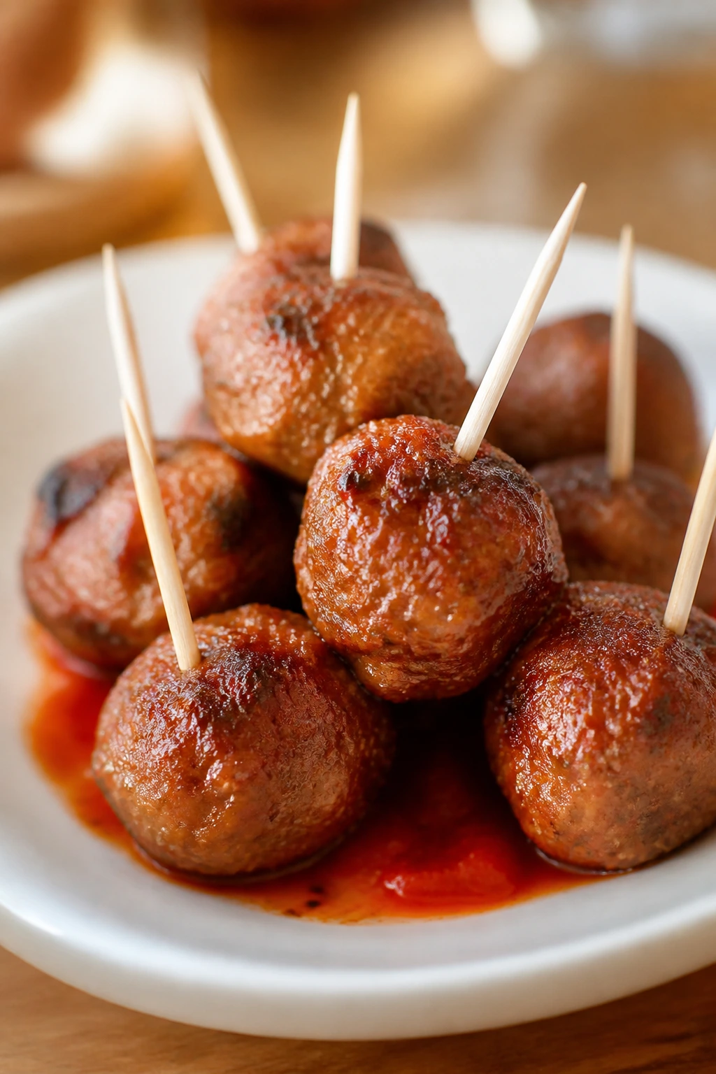 Close-up of miniature cocktail meatballs on a plate with marinara