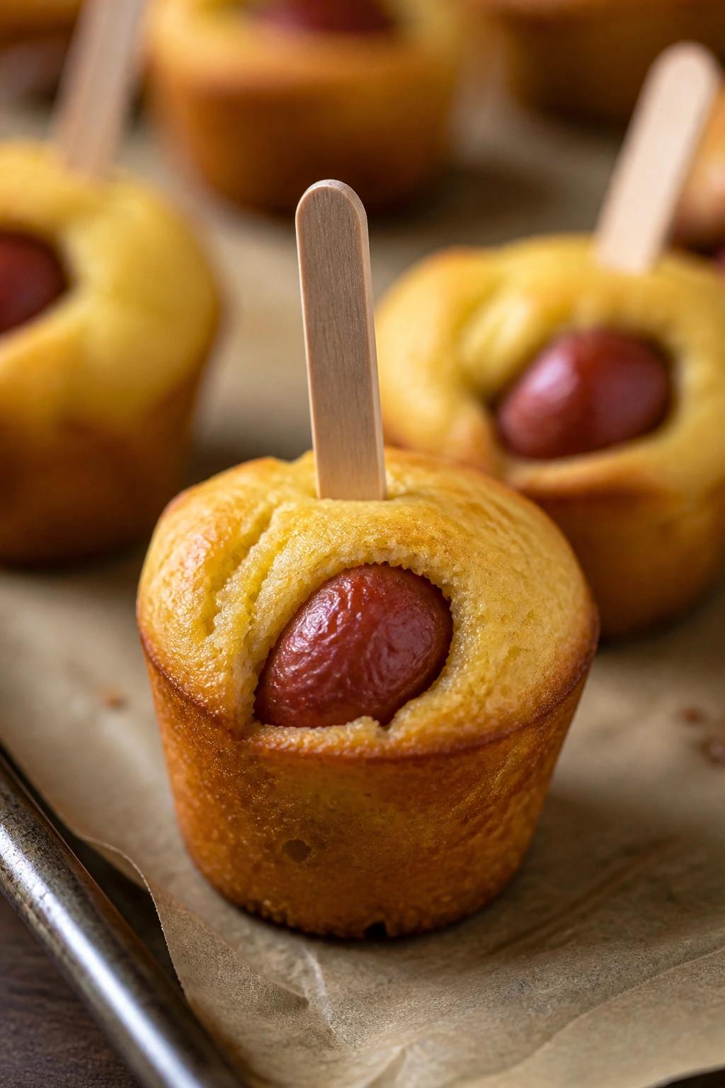 Close-up of a mini corn dog muffin with a visible stick