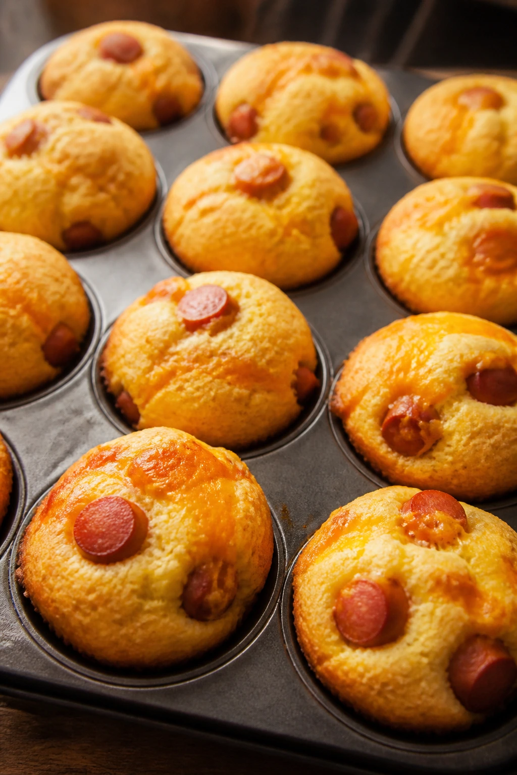 Golden mini corn dog muffins in a muffin tin