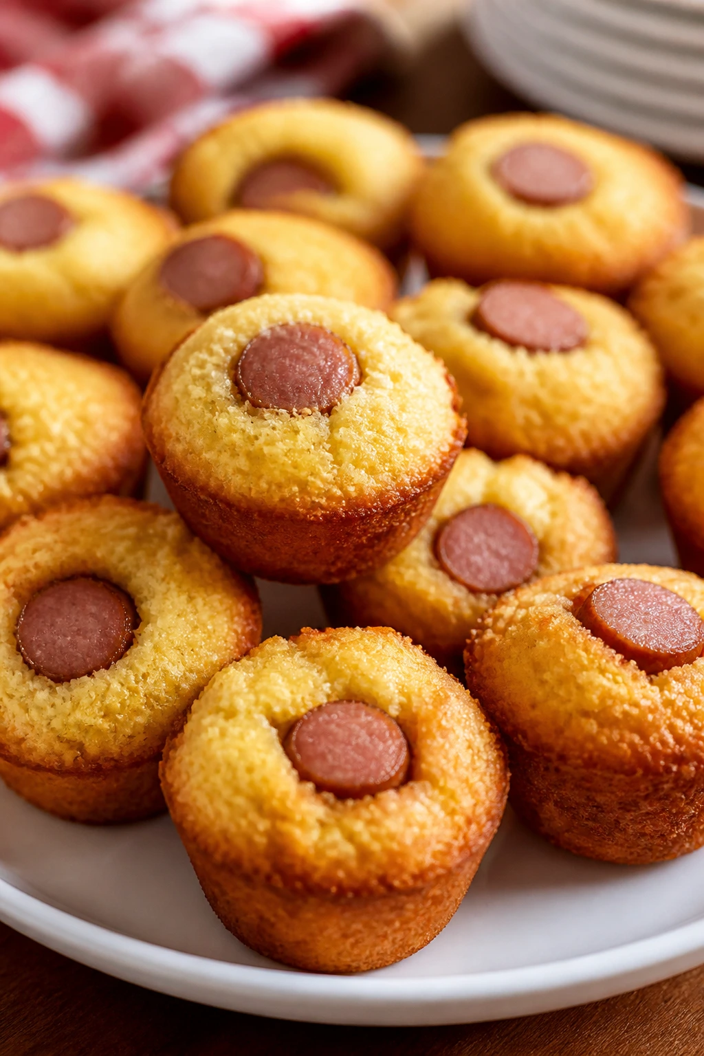 Gold mini corn dog muffins arranged on a plate