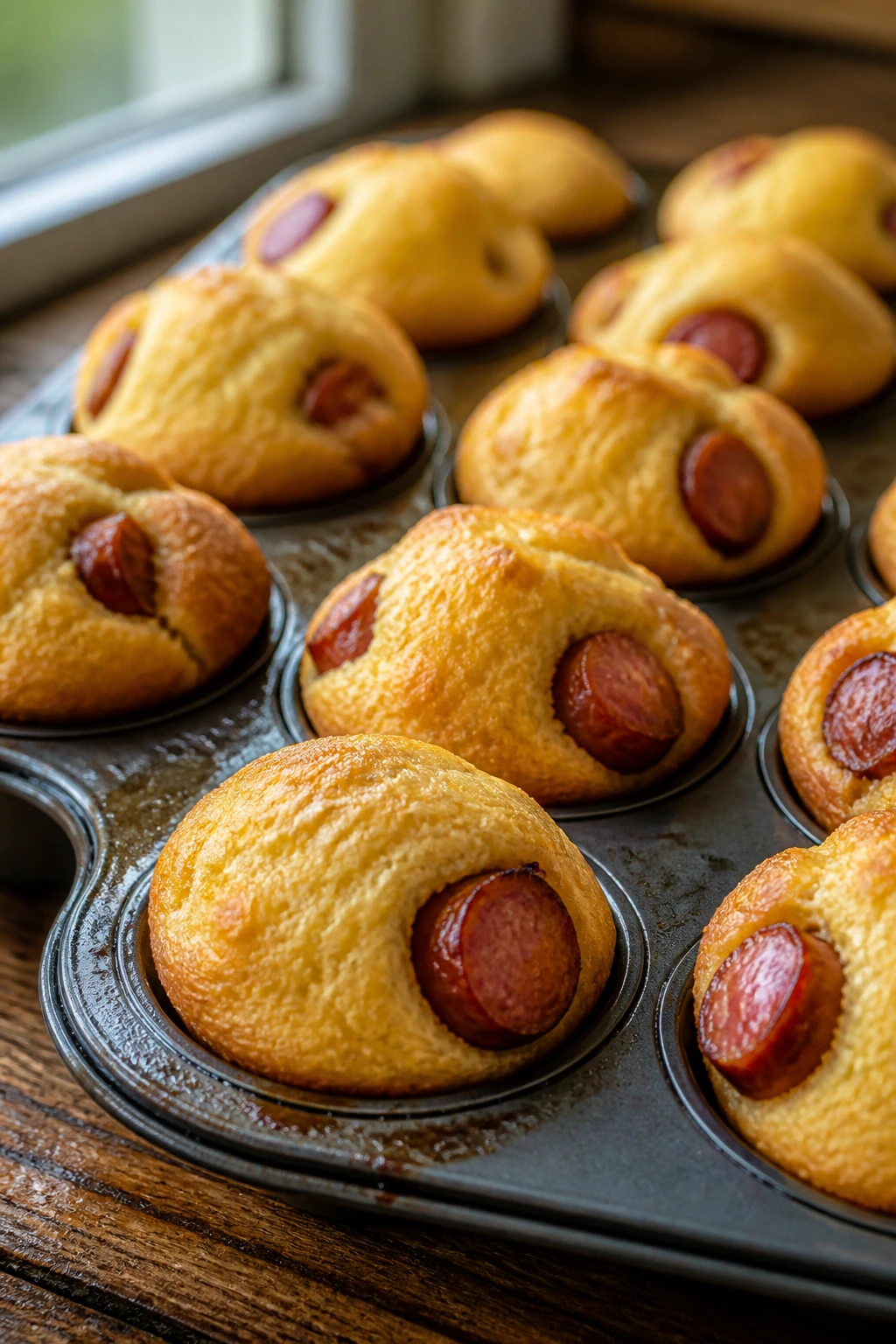 Golden mini corn dog muffins in a tin on a wooden kitchen counter