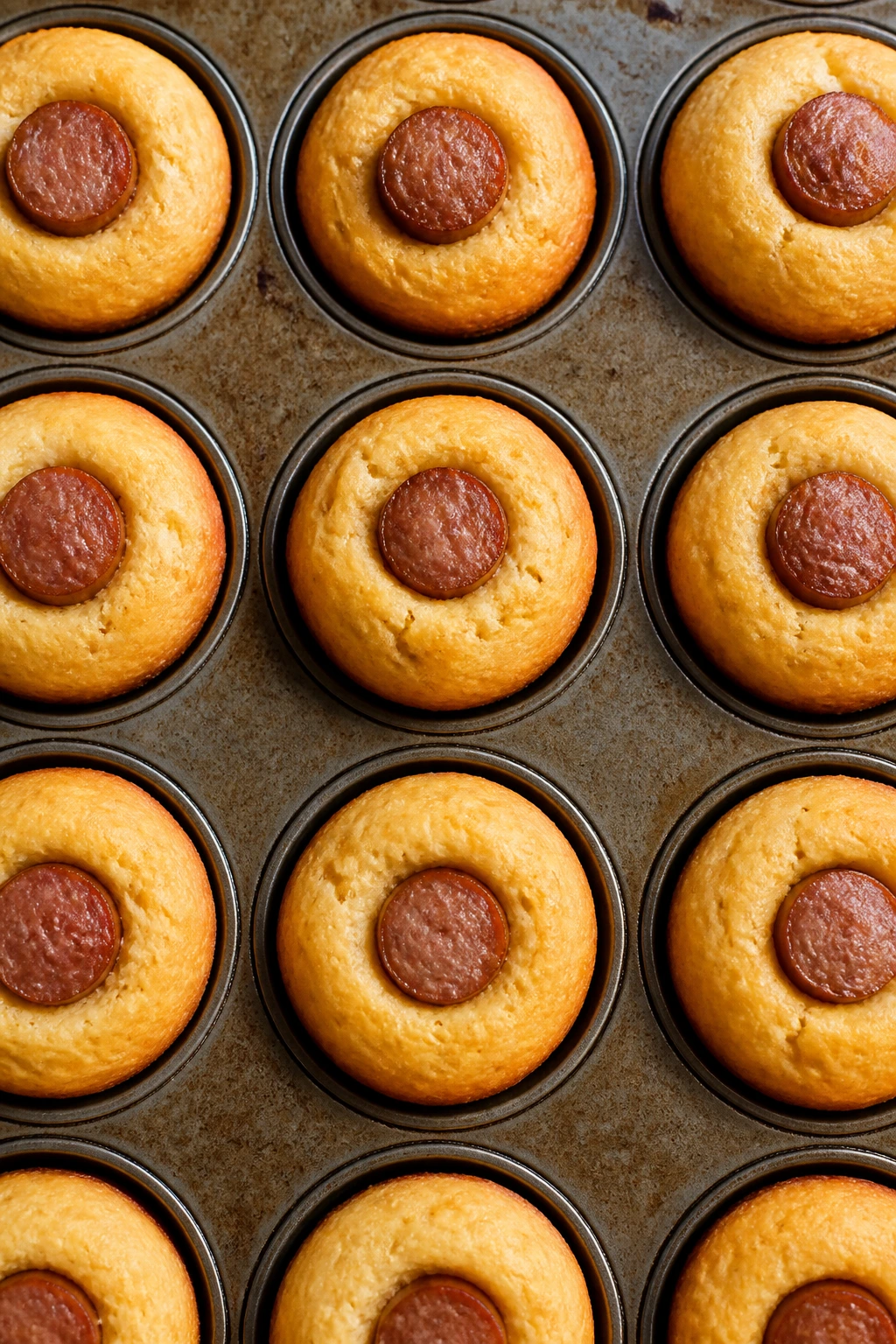 Top-down view of golden mini corn dog muffins in muffin tin