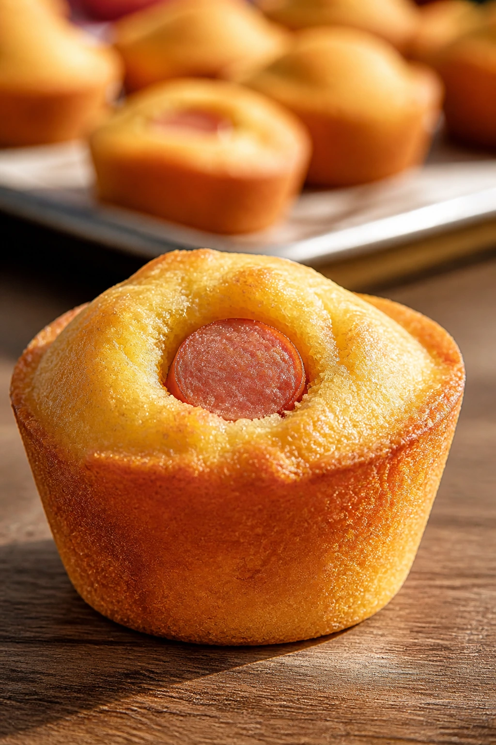 Close-up of a golden mini corn dog muffin in a cozy kitchen