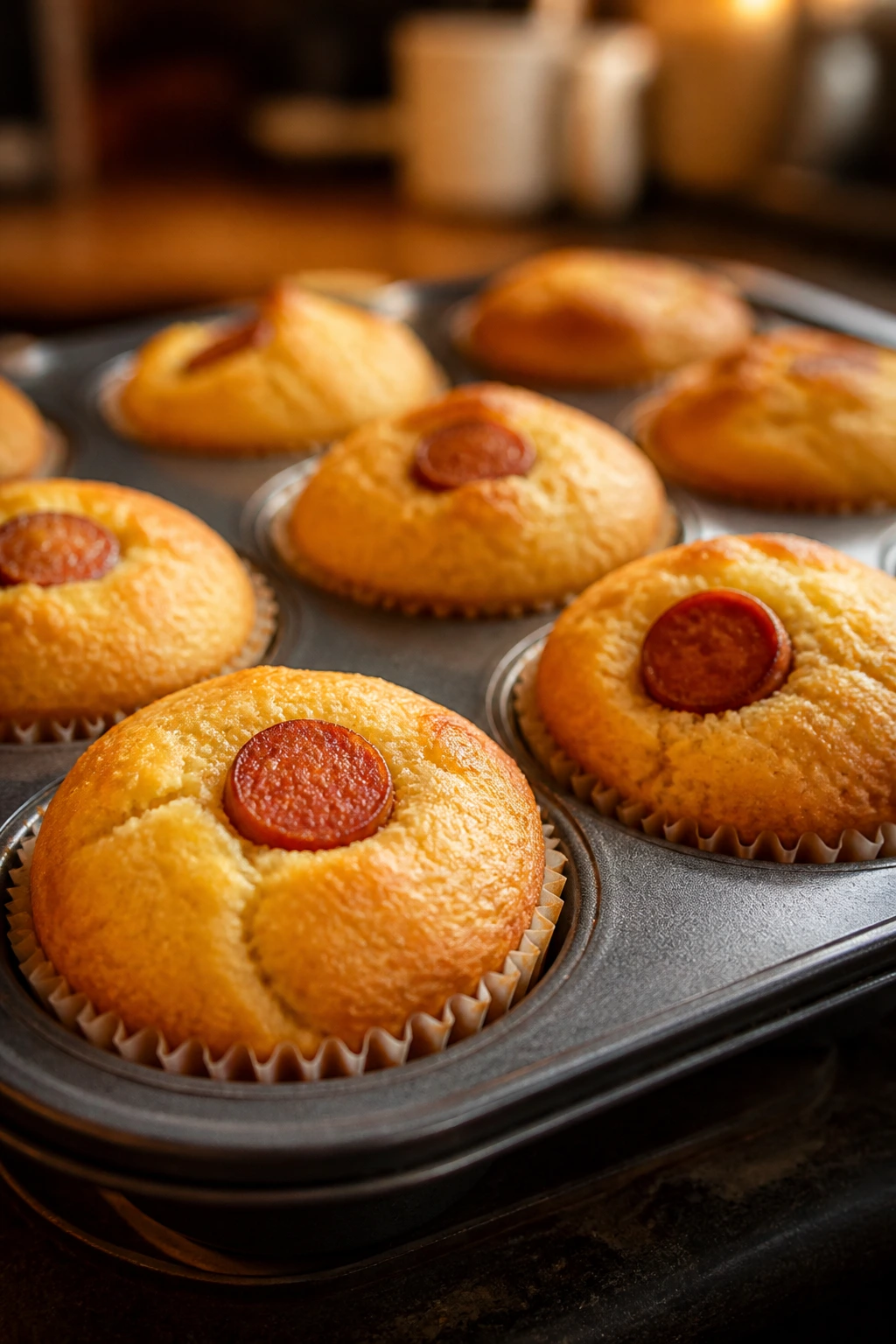 Close-up of golden mini corn dog muffins in a muffin tin