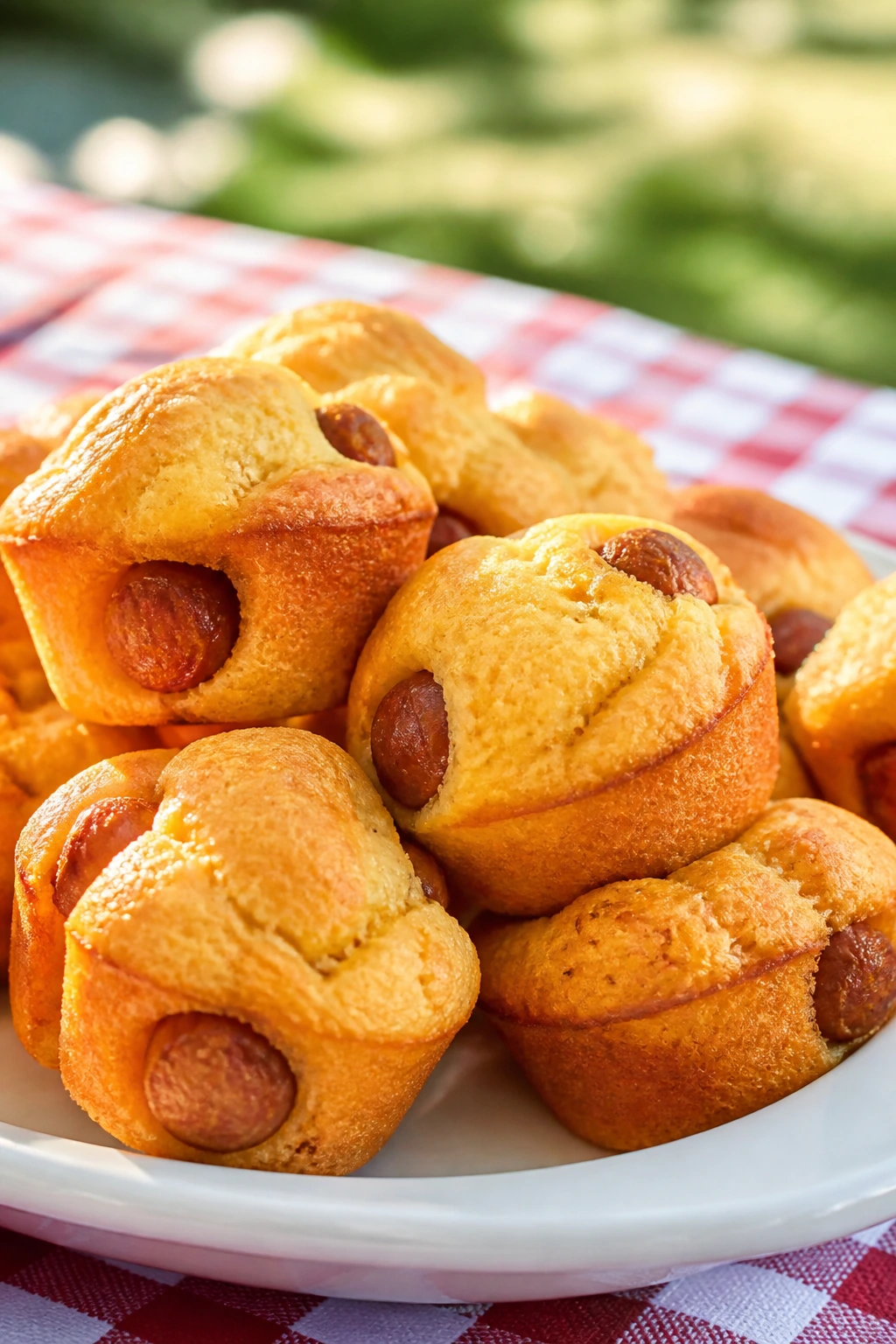 Close-up of mini corn dog muffins on a plate outdoors.