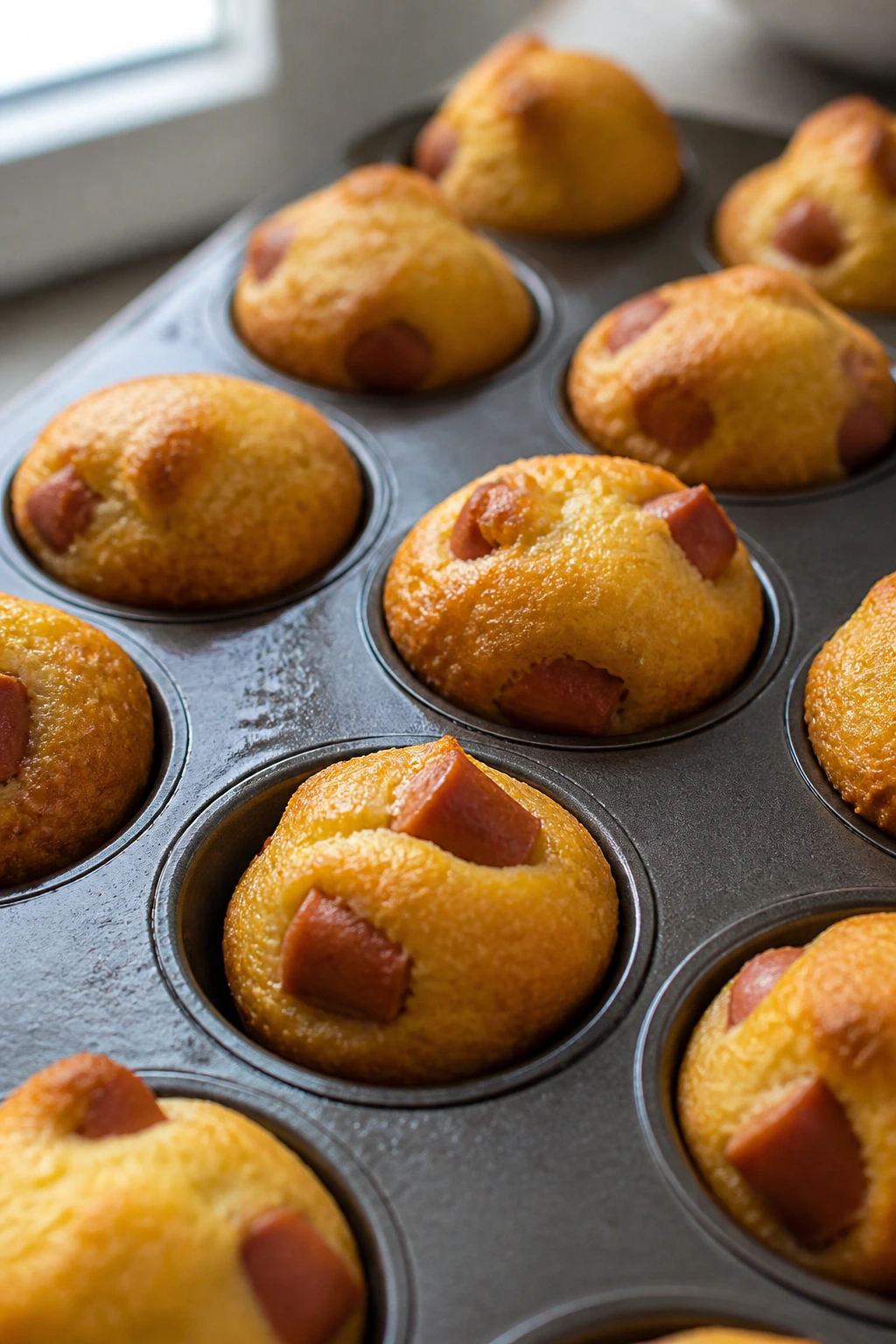 Close-up of golden mini corn dog muffins in a greased tin